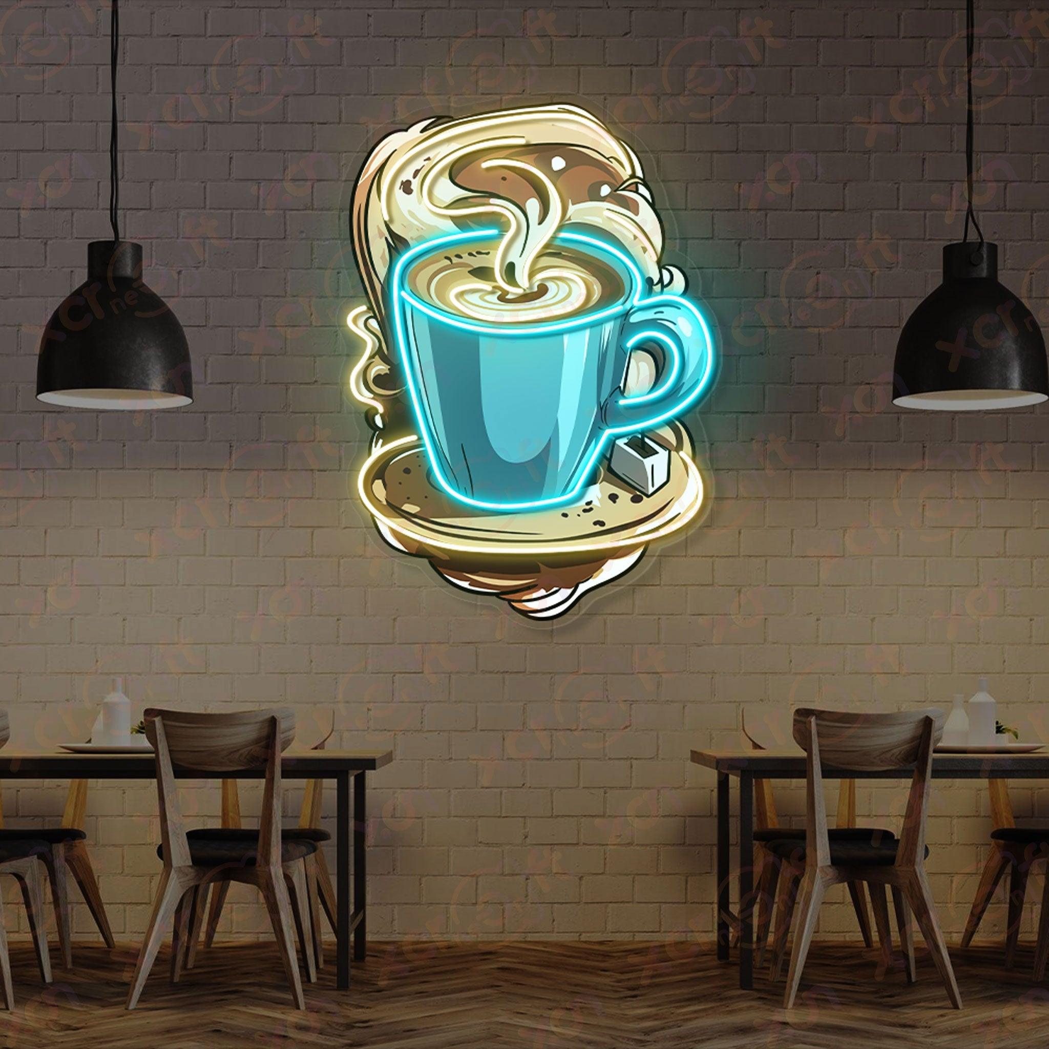 Neon sign of a steaming coffee cup