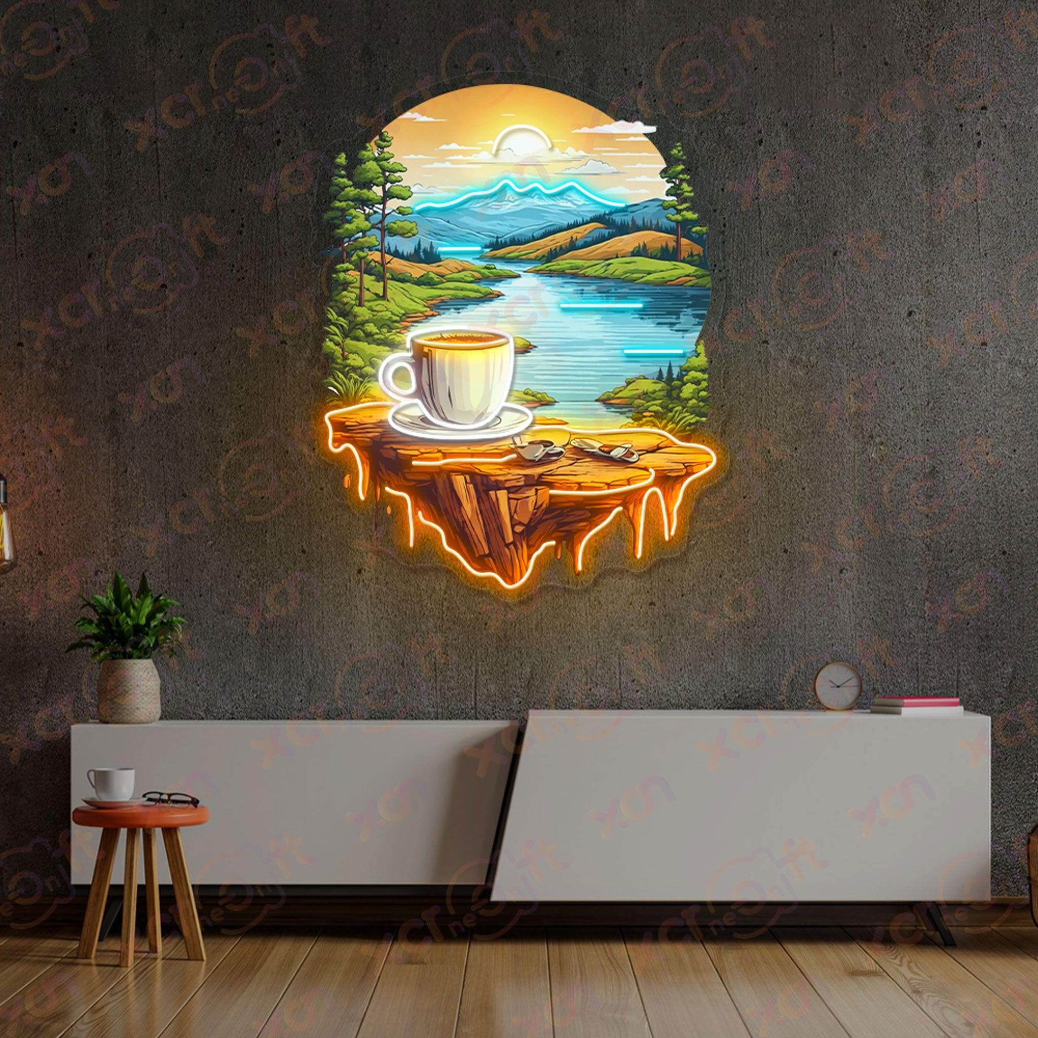 Colorful neon sign with camping scenery