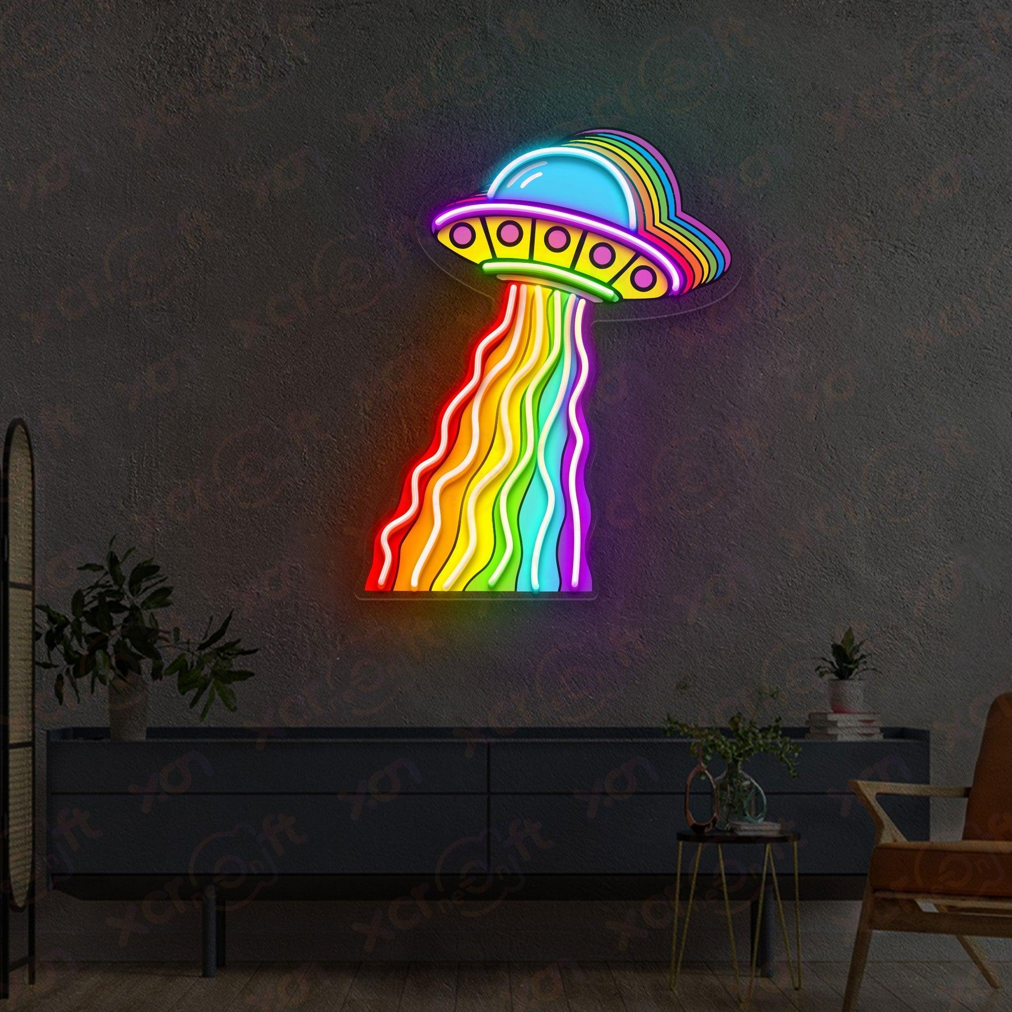 Custom neon sign retro UFO with colorful rainbow lights.