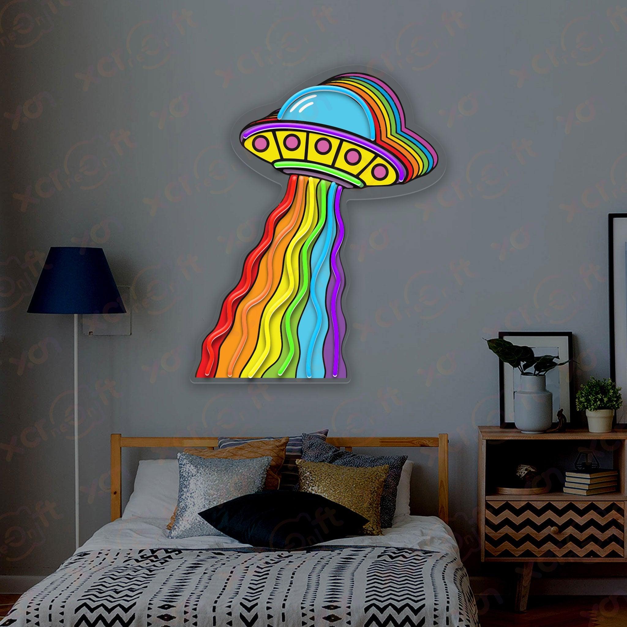 Neon wall art groovy flying saucer with bright beam.