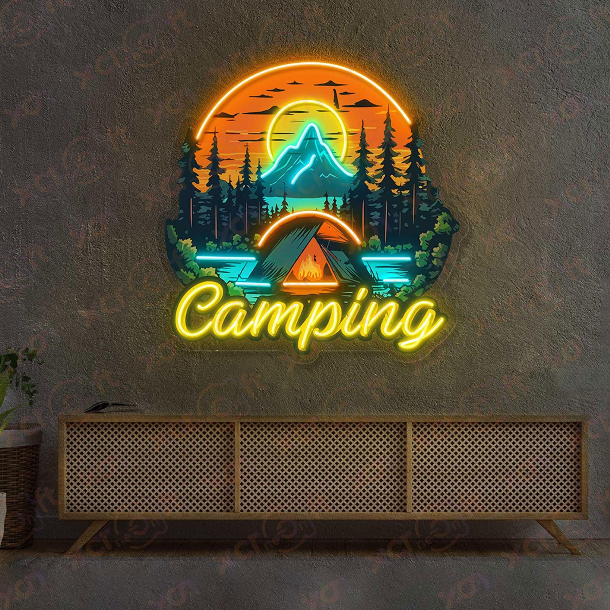 Neon sign of a campfire scene