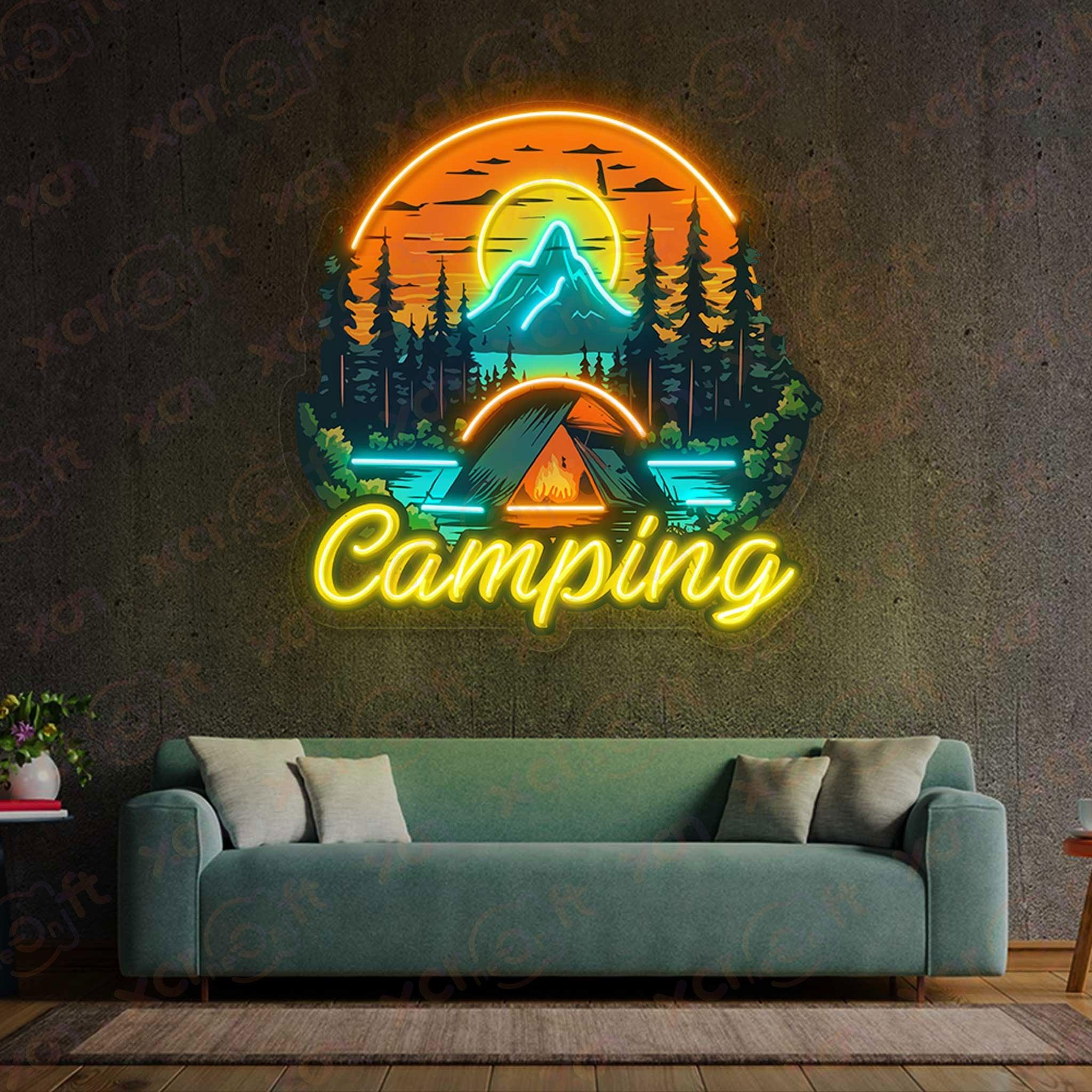 LED neon sign of a camping fire