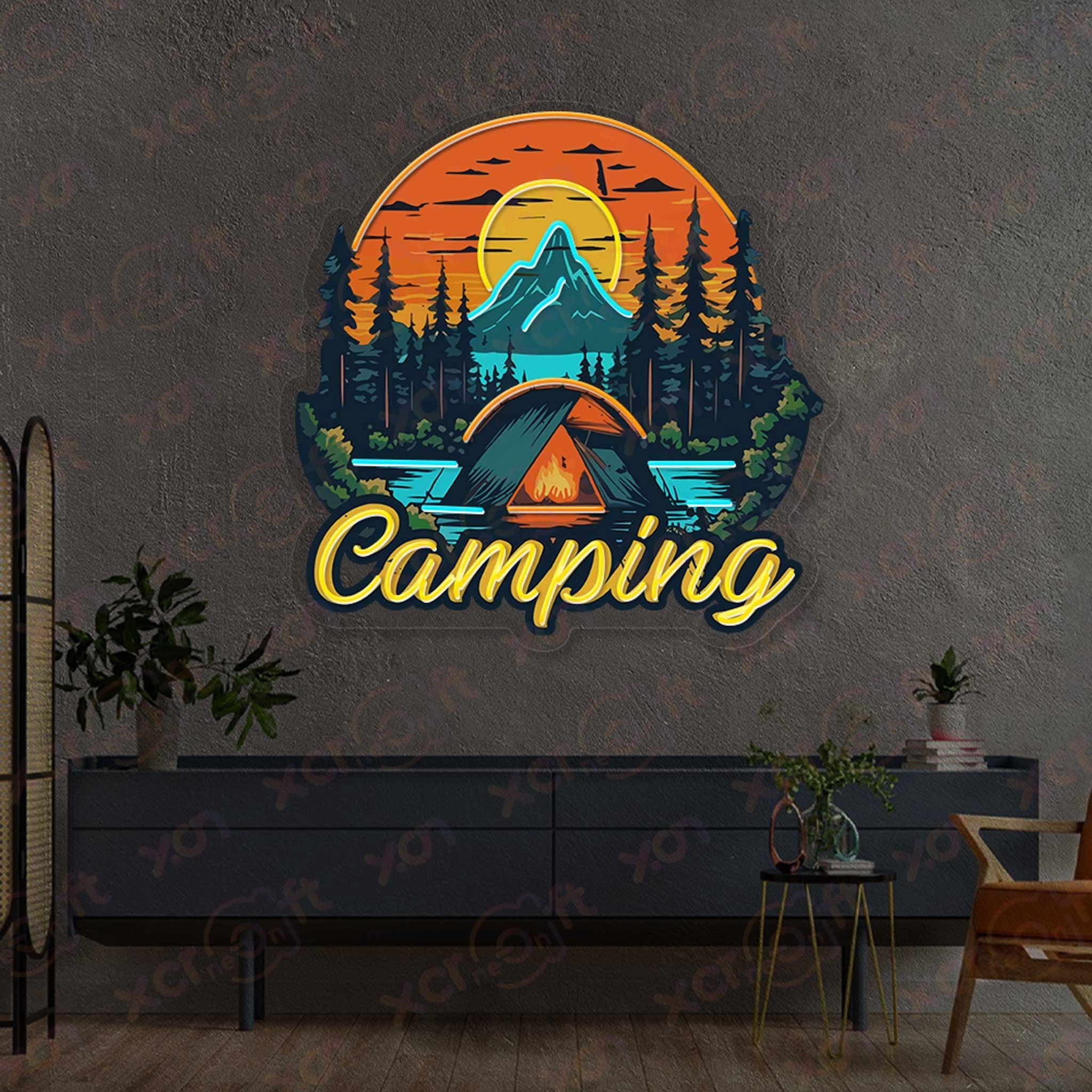 Colorful neon sign featuring campfire