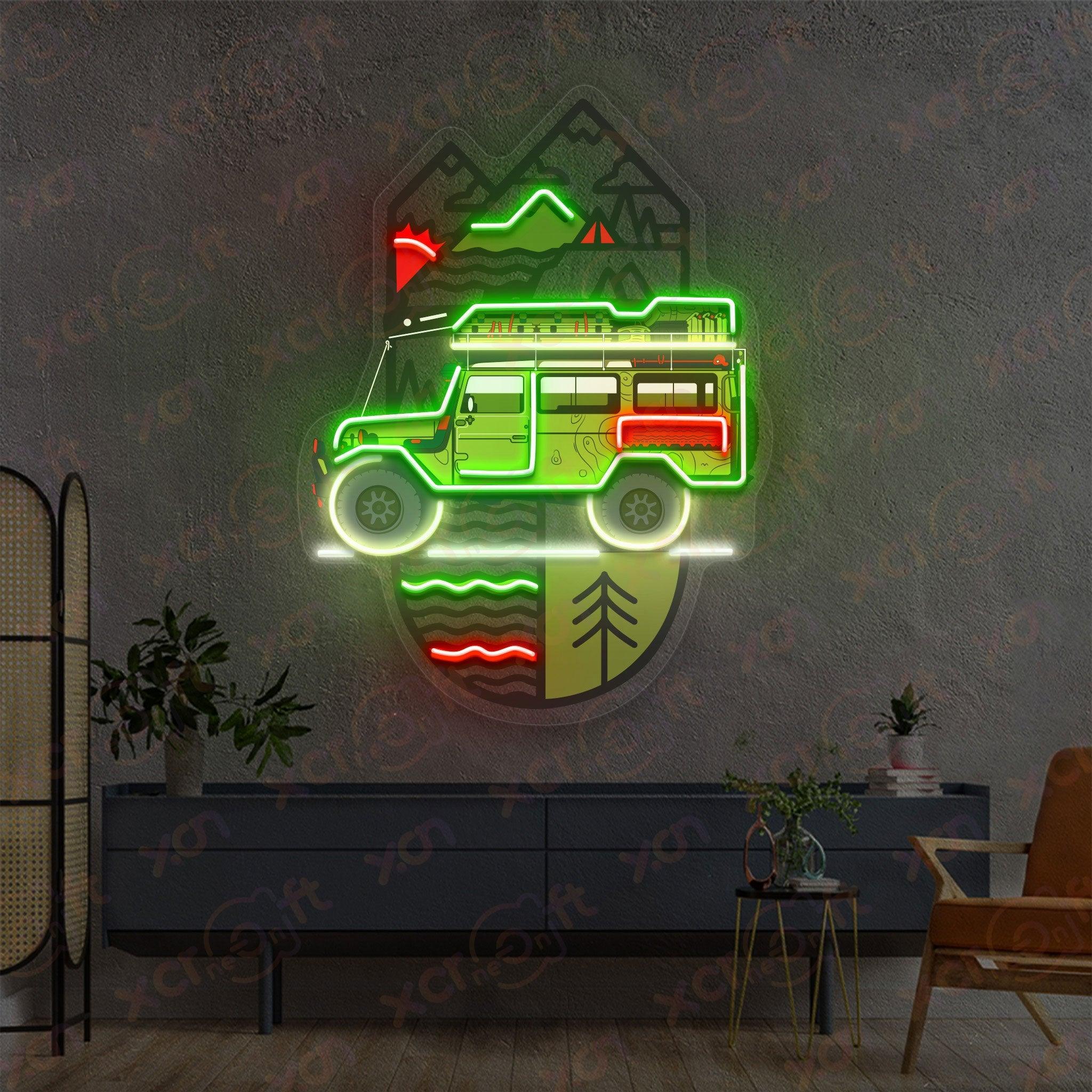 Vibrant neon wall art of traveling car