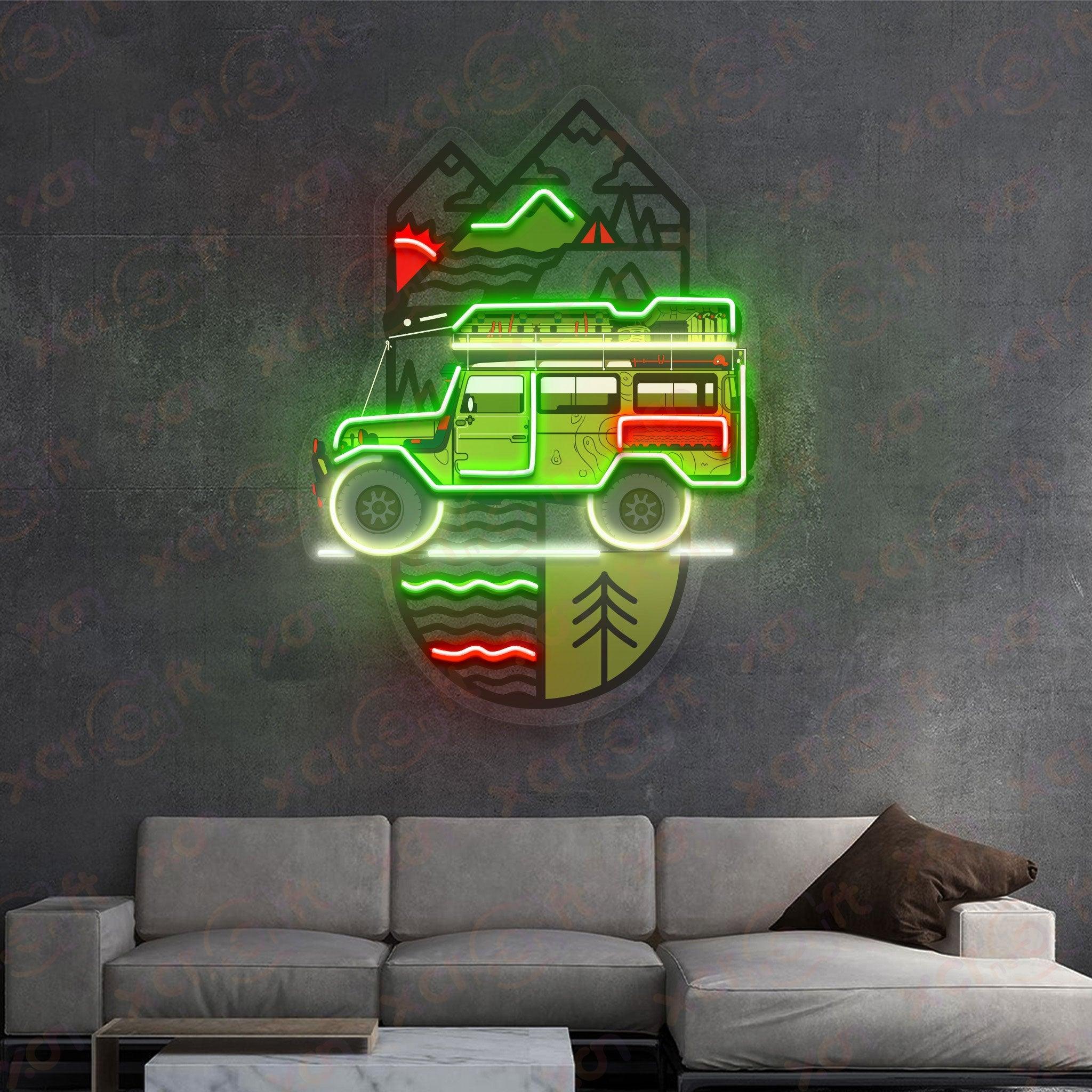 Neon sign of car on a road trip