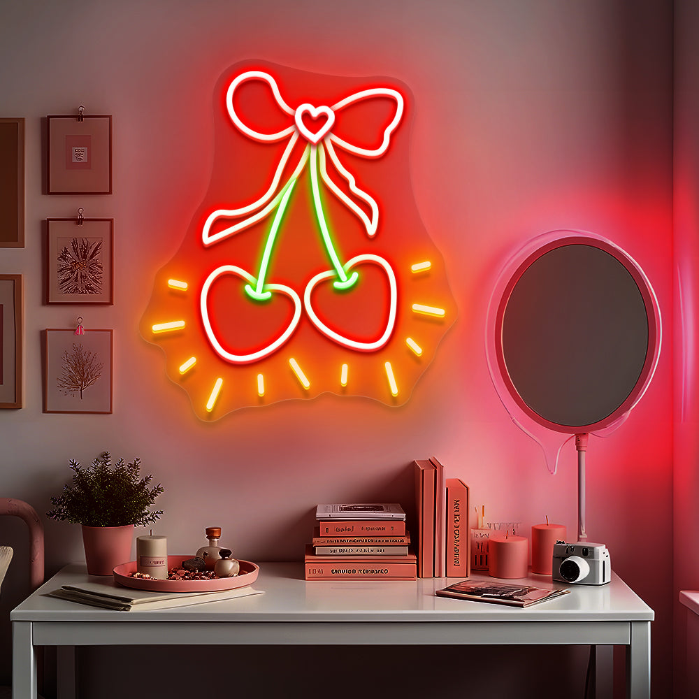 Cherry Neon Sign with Bow