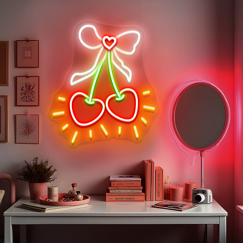 Cherry Neon Sign with Bow