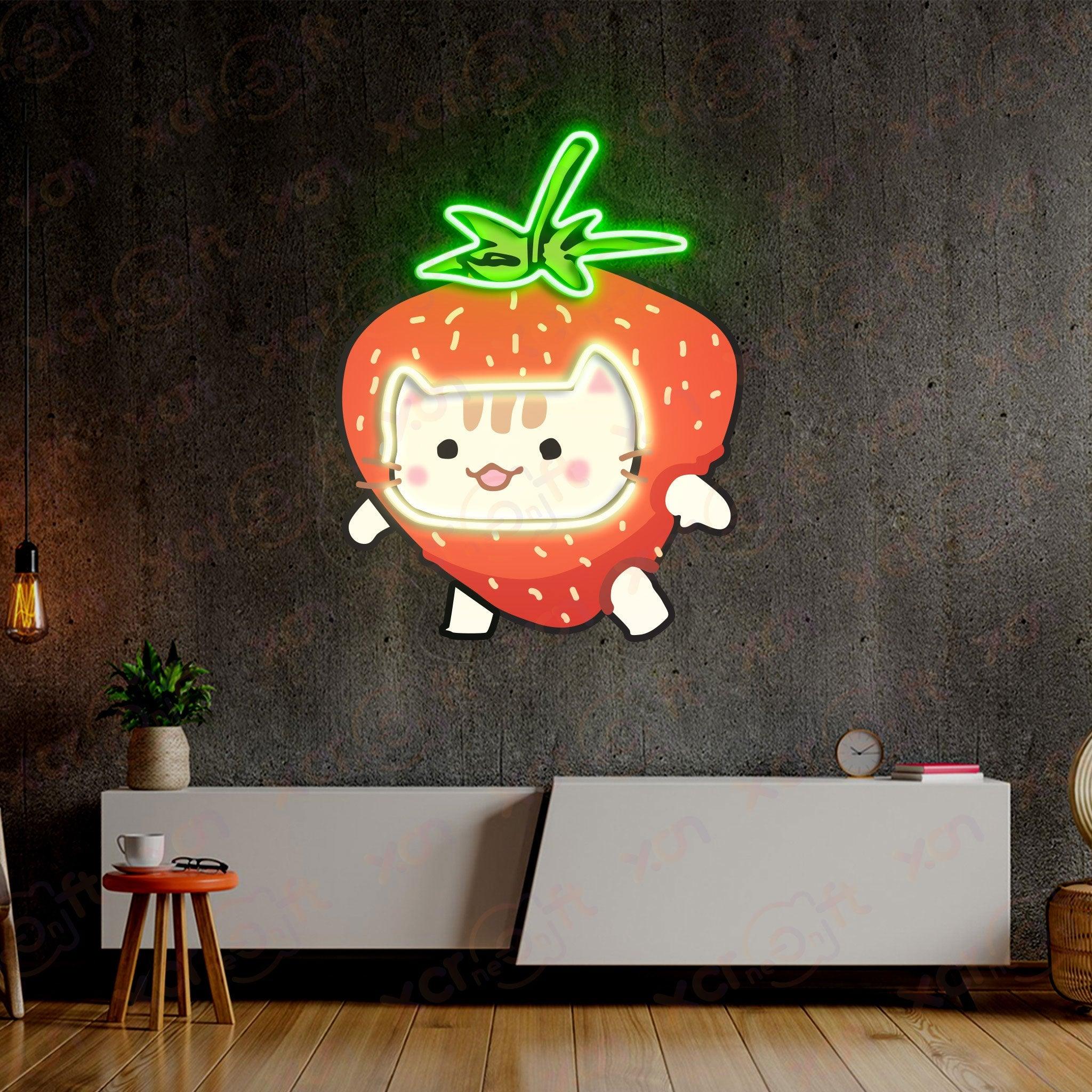 UV neon sign cute cat wearing strawberry costume.