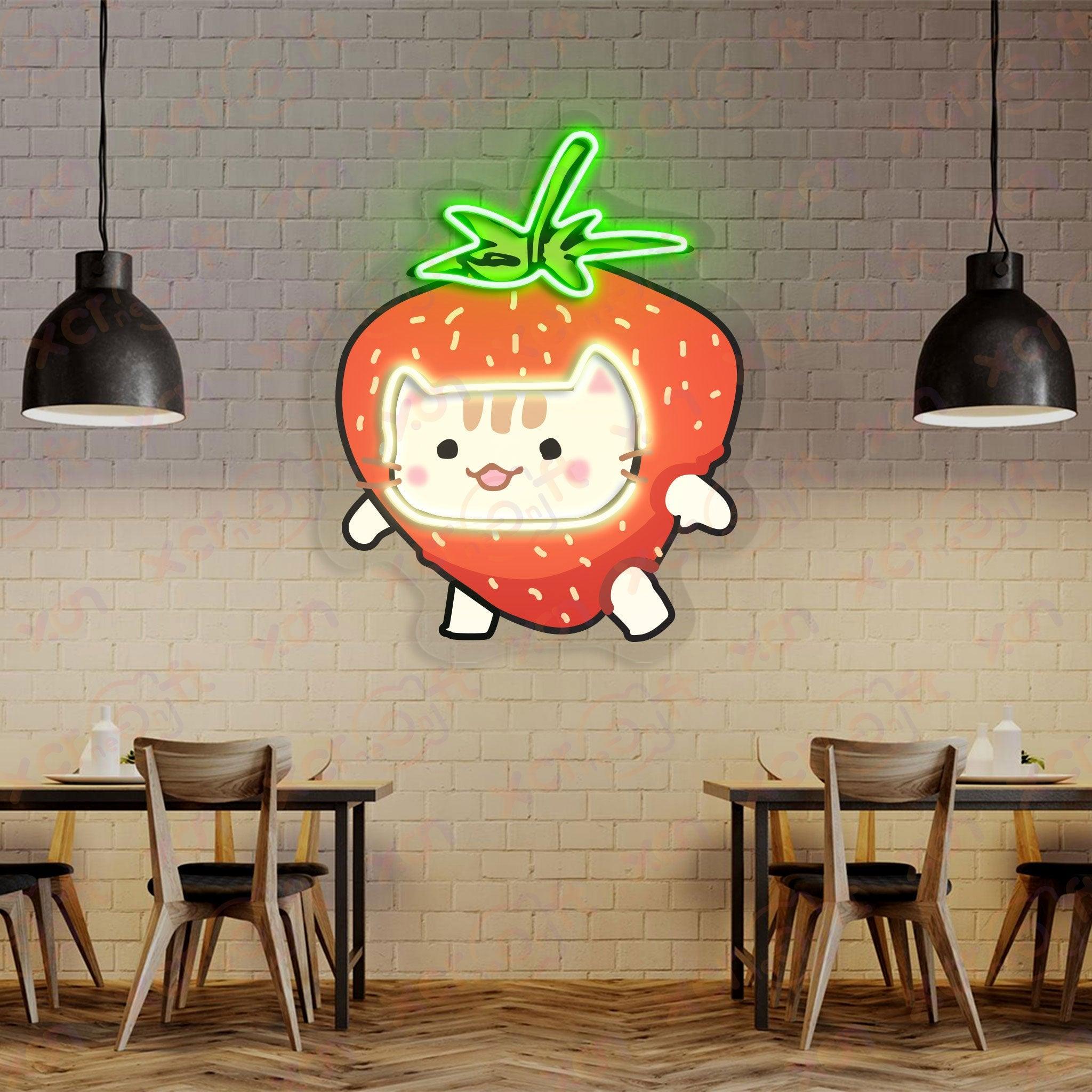 Custom neon sign playful cat in a fruit costume.