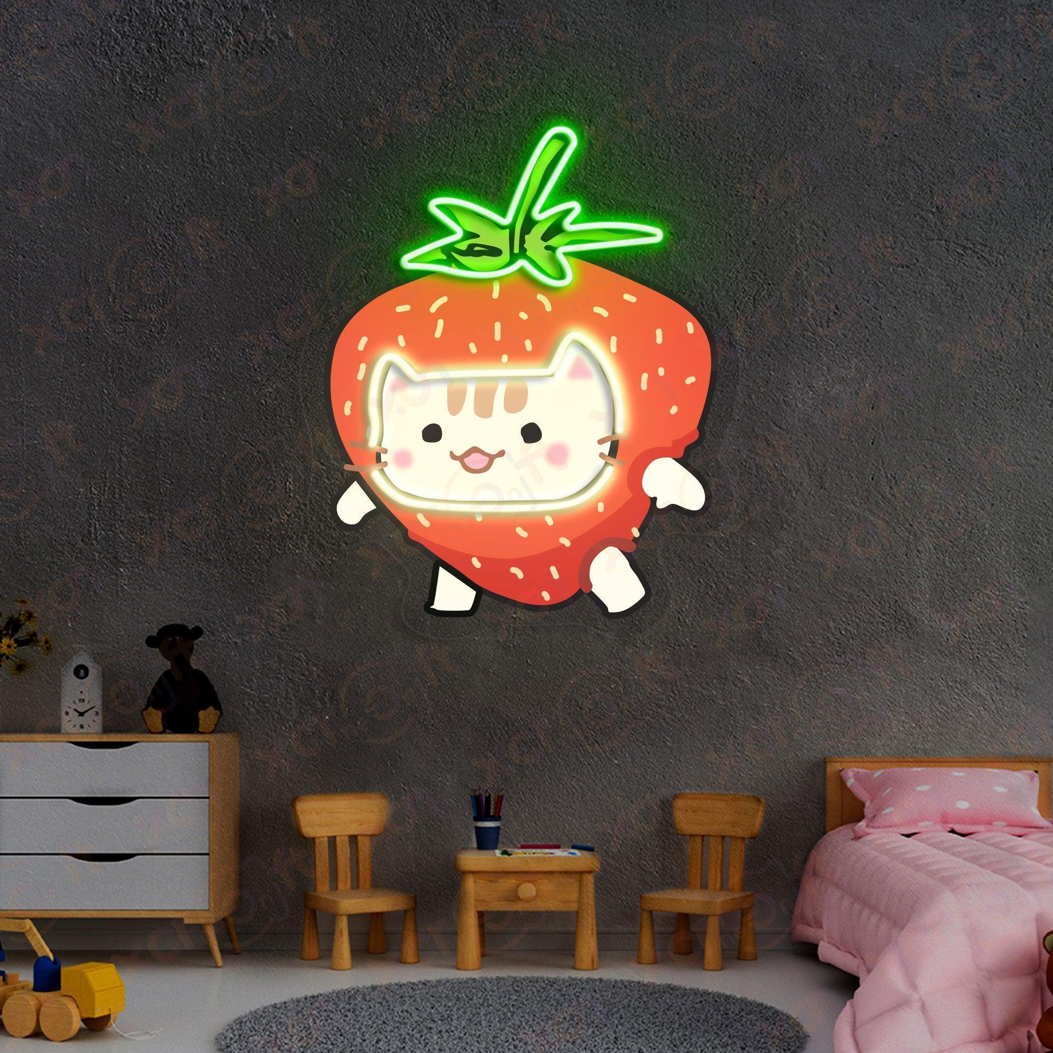 Neon light adorable cat dressed as a strawberry.