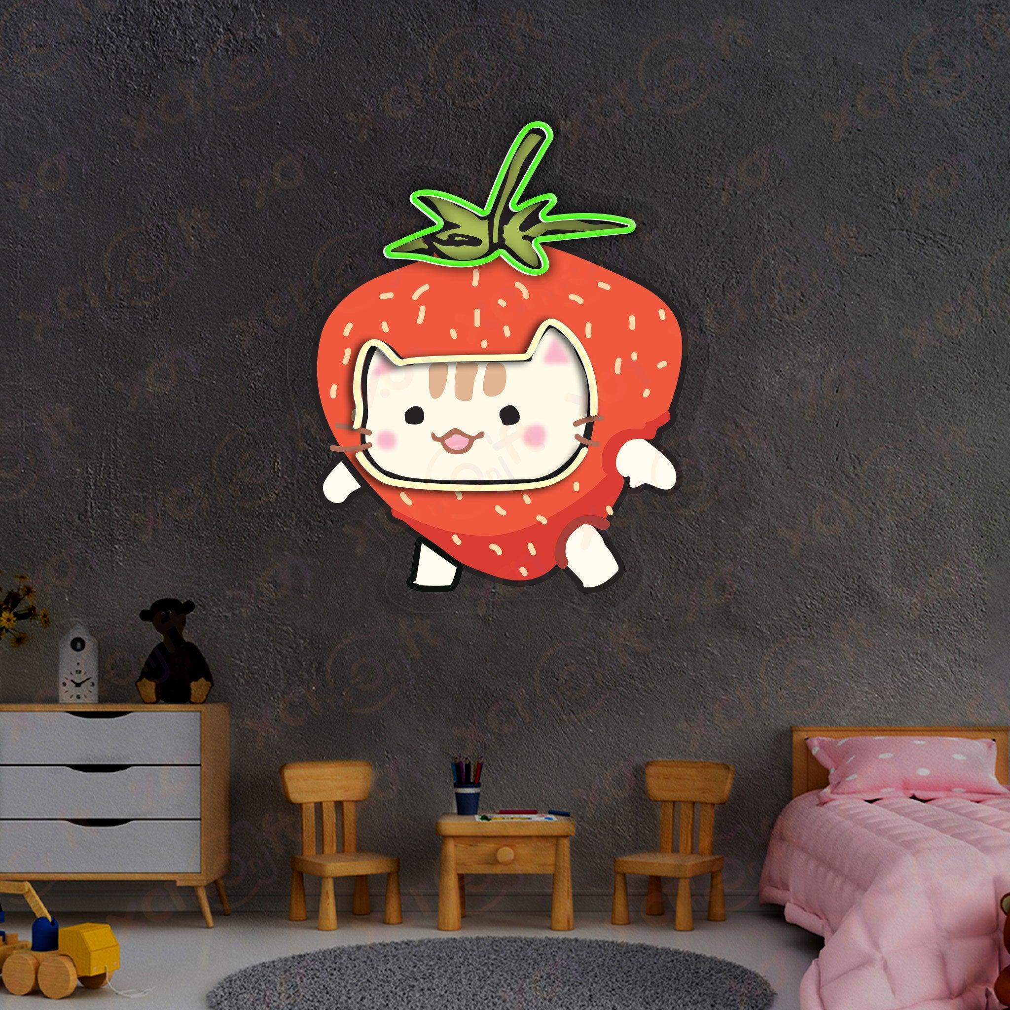 Neon wall art whimsical strawberry cat with green leaves.