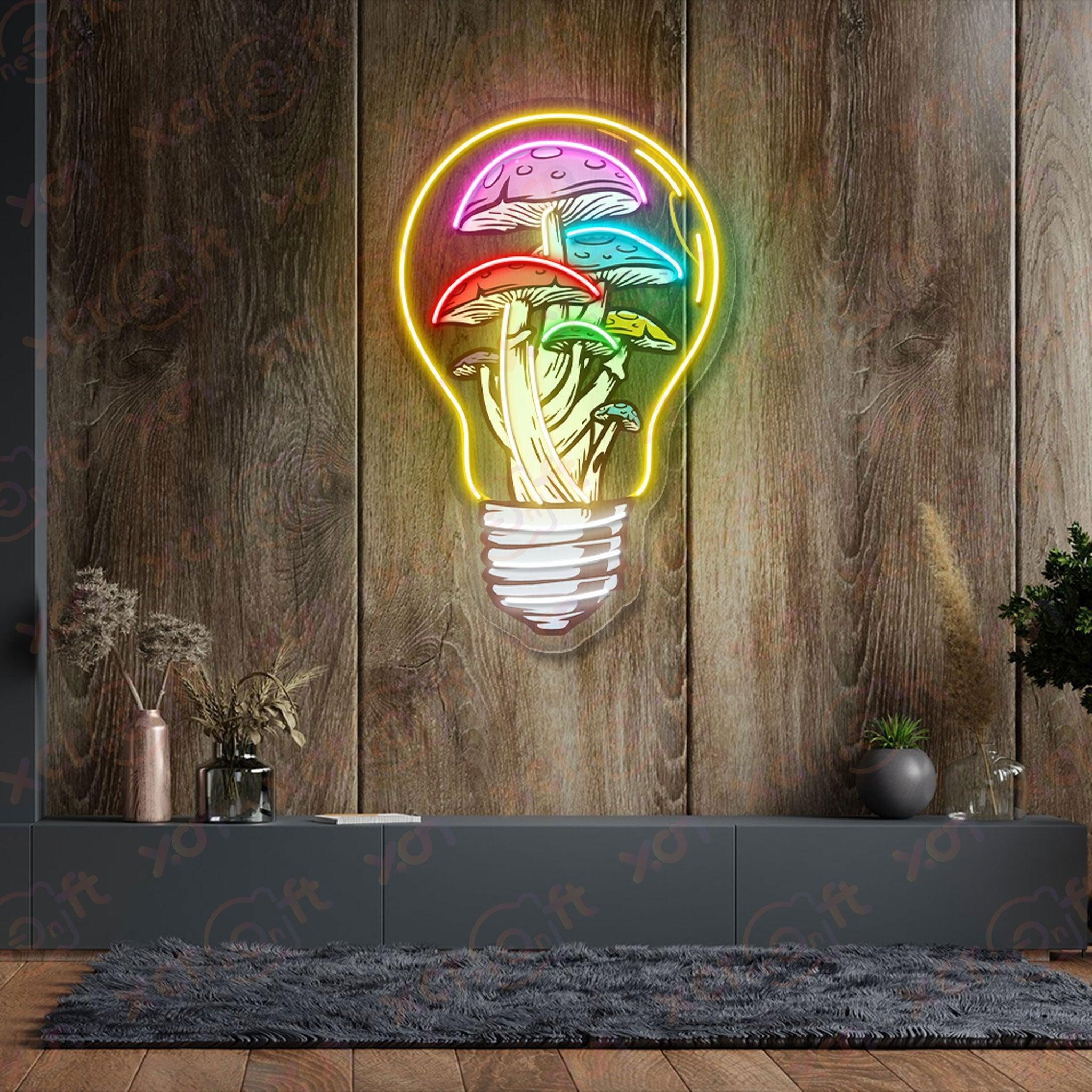 UV neon sign psychedelic lightbulb with colorful mushrooms.