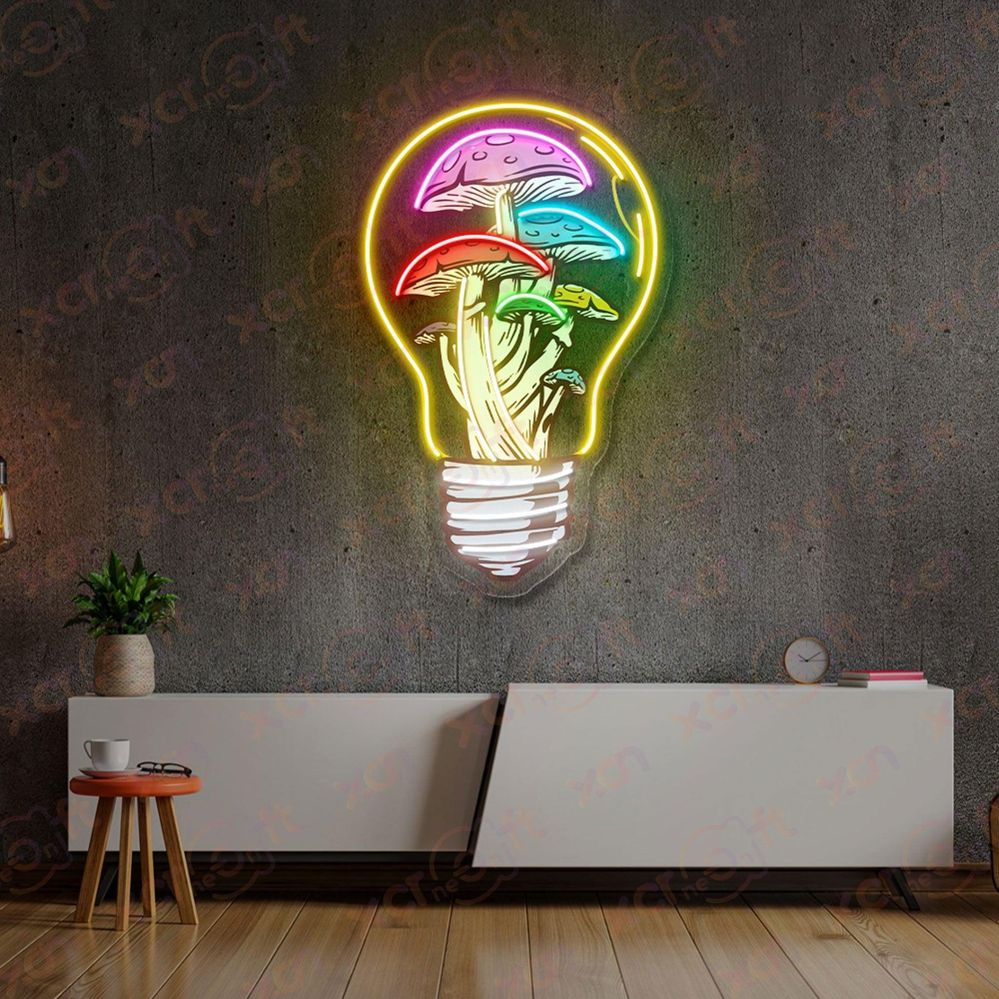 Neon light glowing lightbulb filled with vibrant mushrooms.