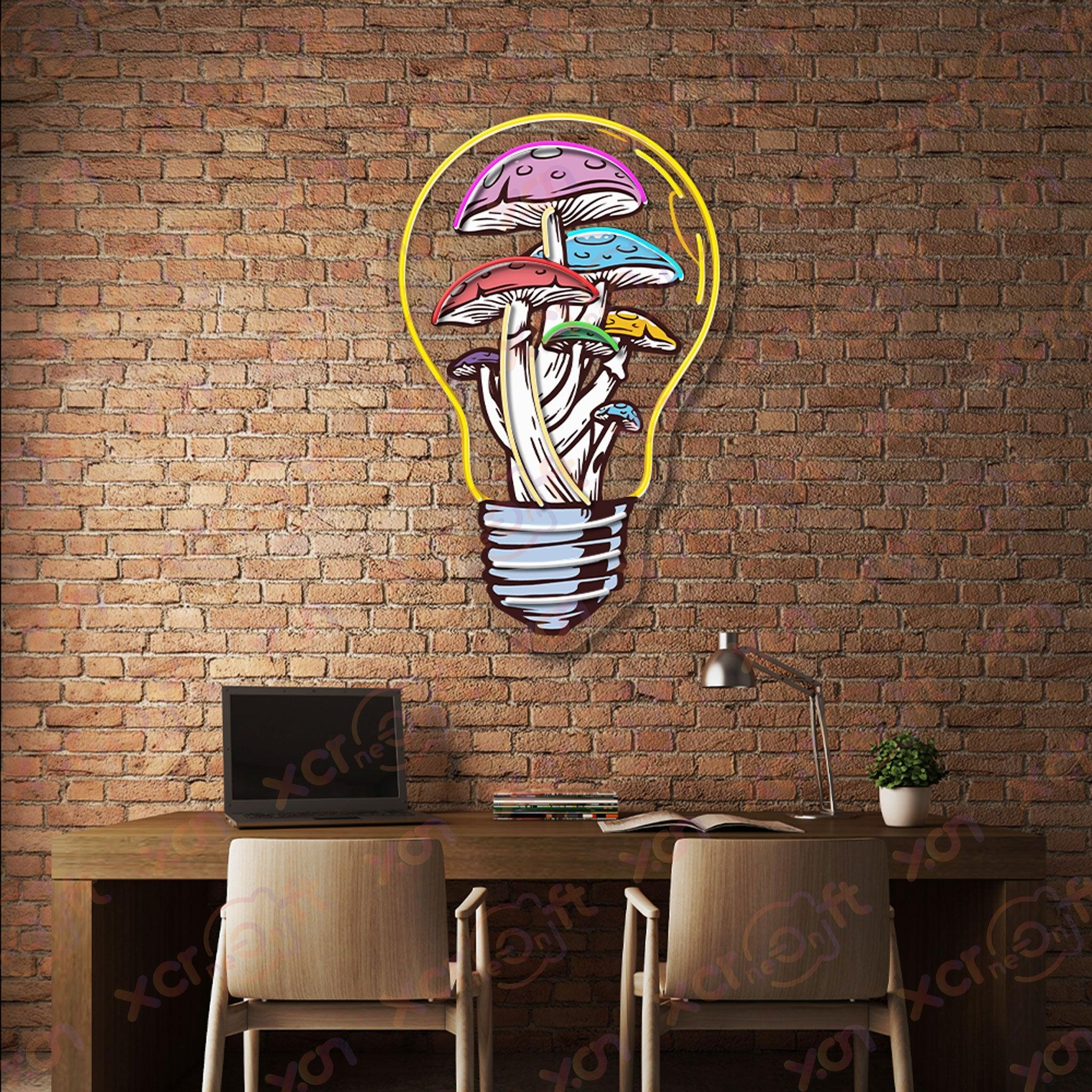 Neon wall art whimsical lightbulb sprouting psychedelic mushrooms.