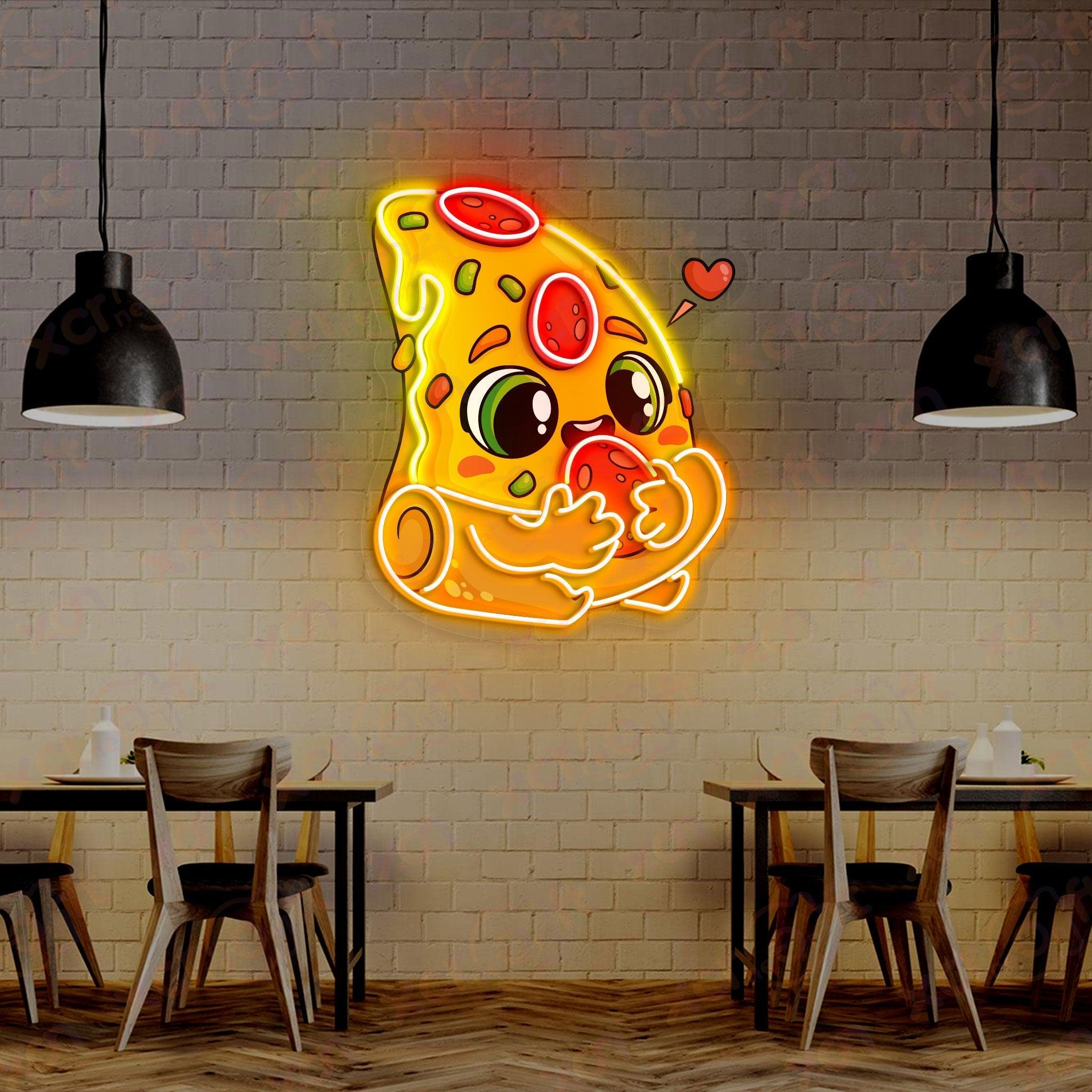 Playful pizza slice neon sign skateboarding