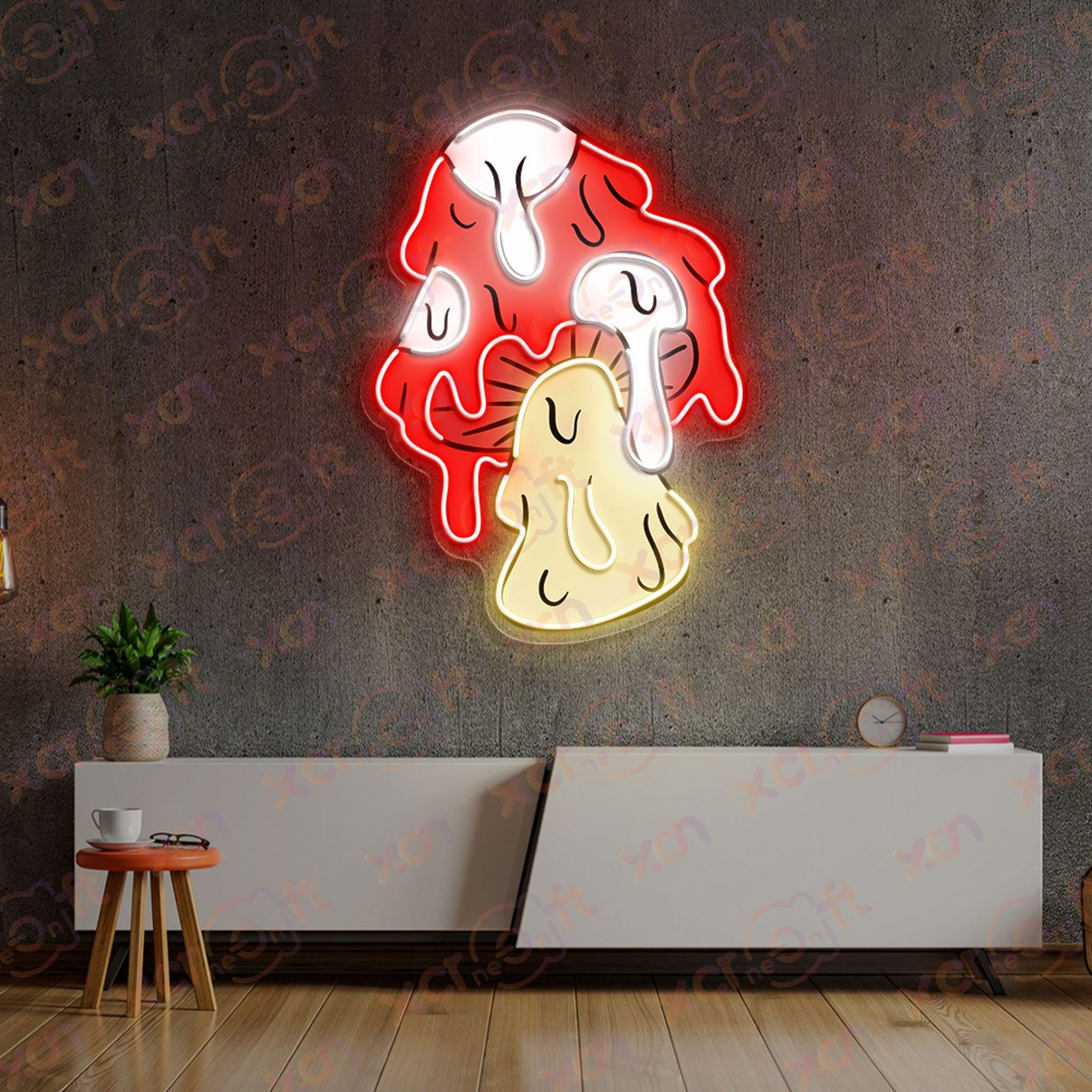 UV neon sign psychedelic dripping mushroom art.