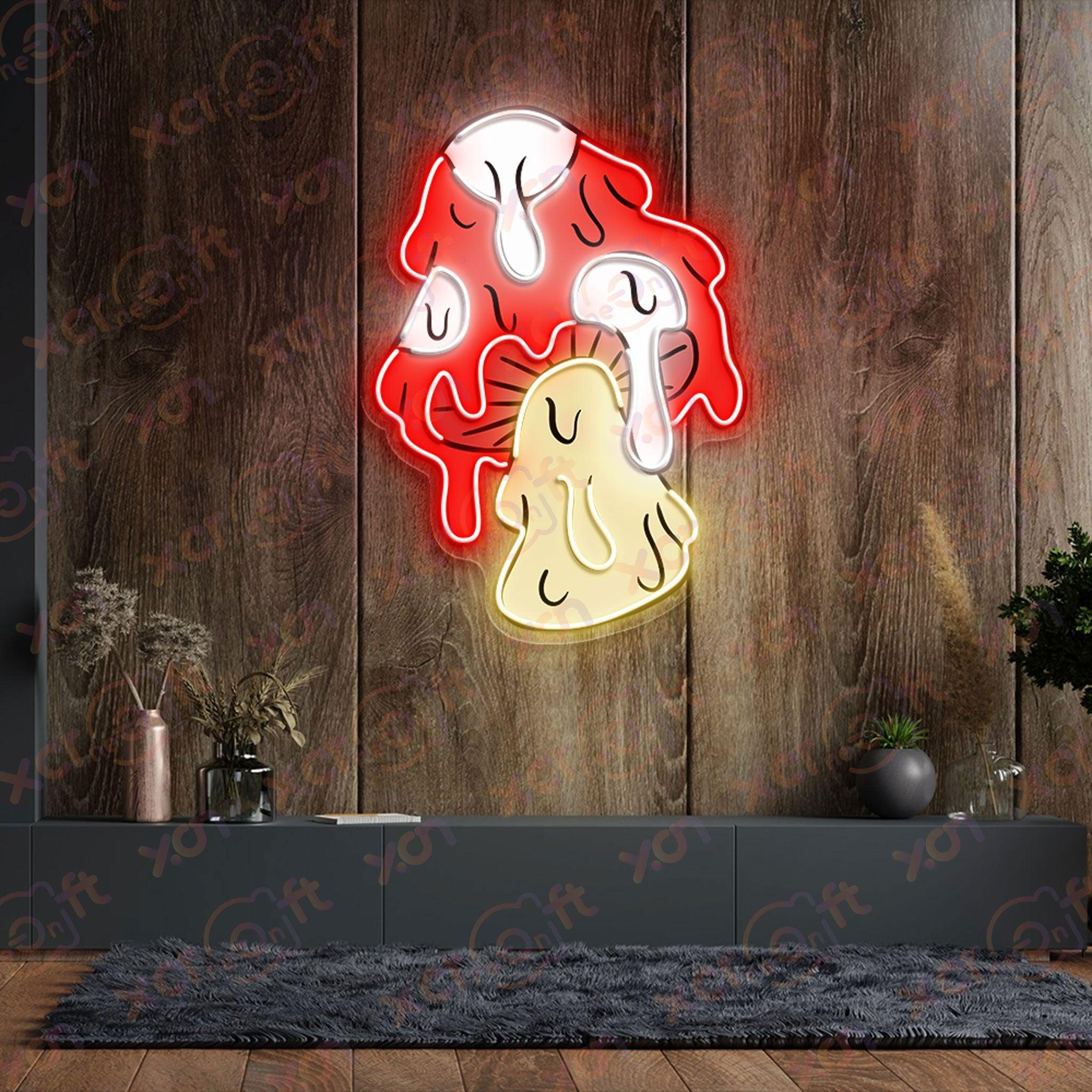 Custom neon sign melting mushroom with psychedelic vibes.