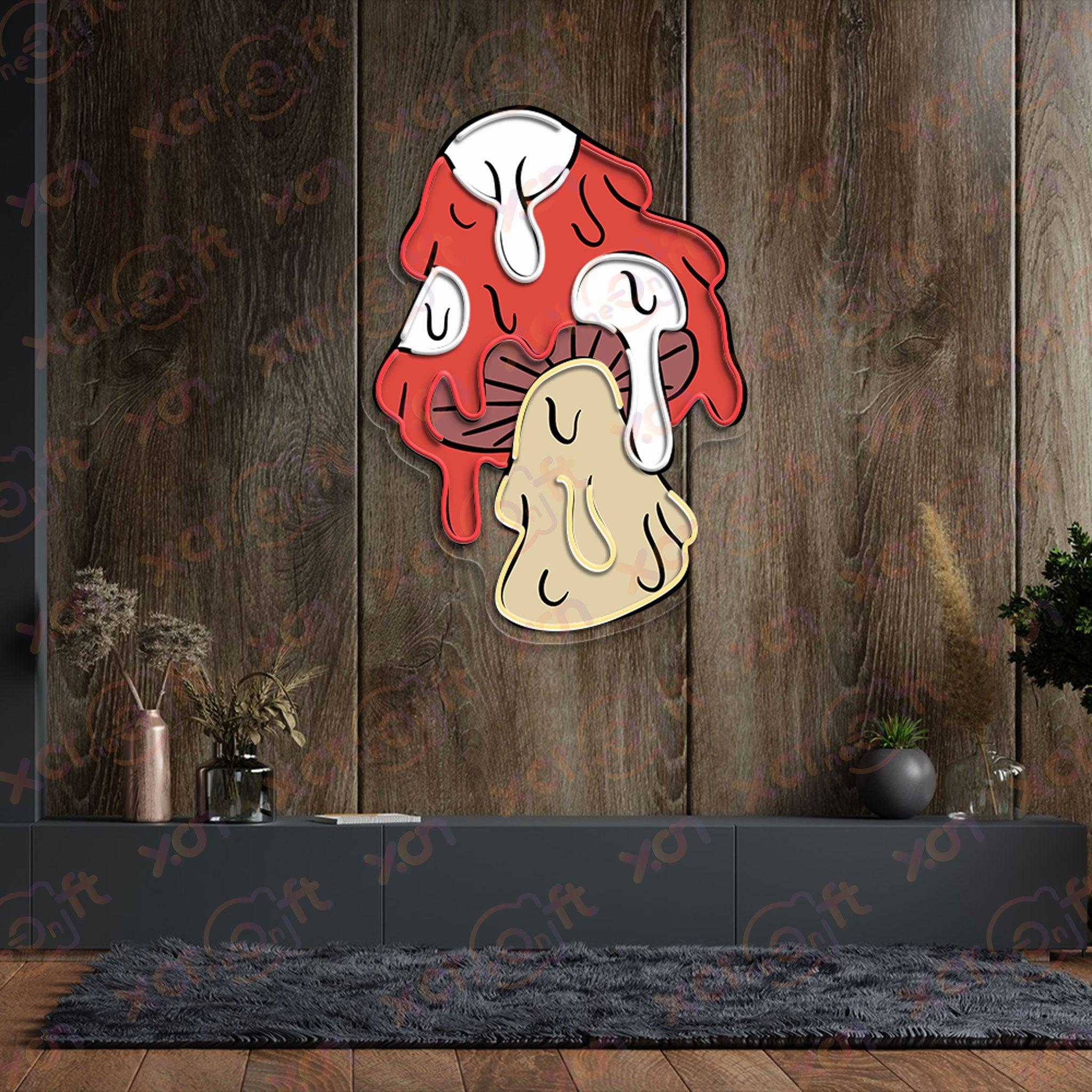 Neon wall art funky dripping mushroom with vibrant colors.