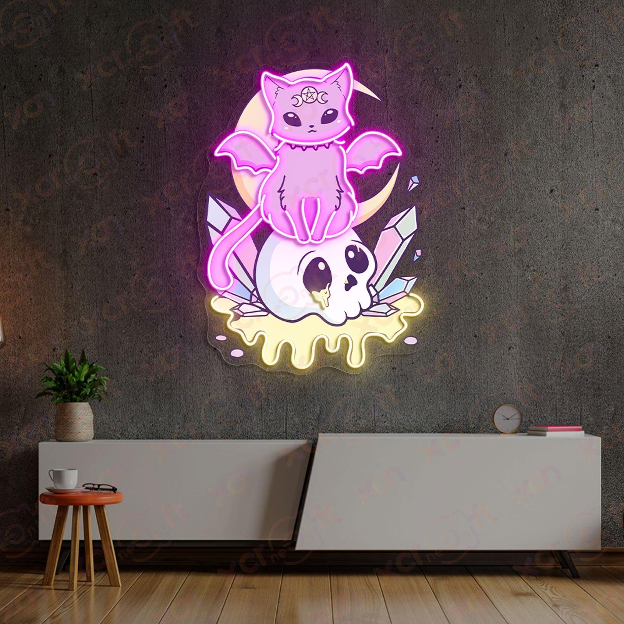 Kawaii pastel goth cat neon sign decor