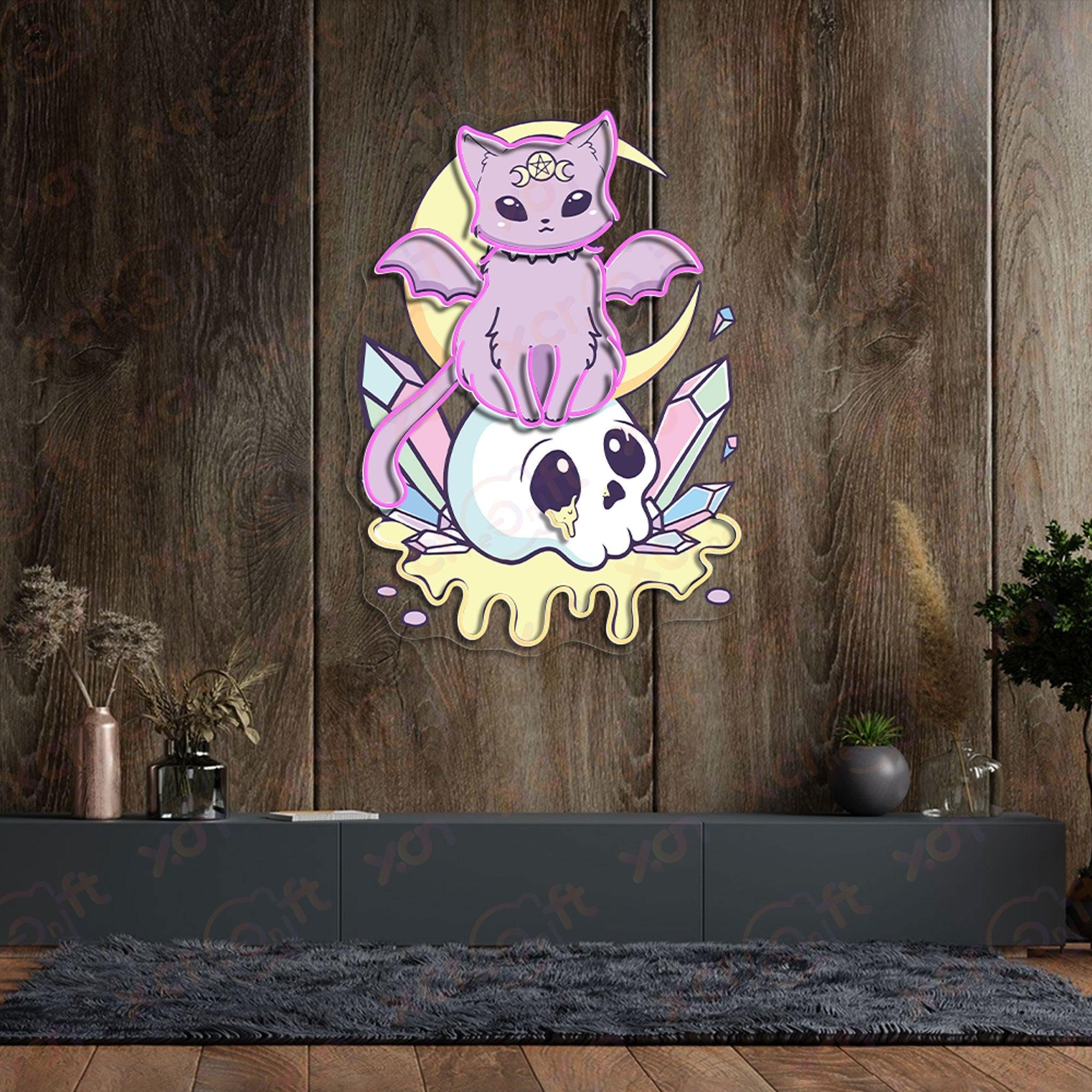 Pastel pink bat cat skull LED neon sign