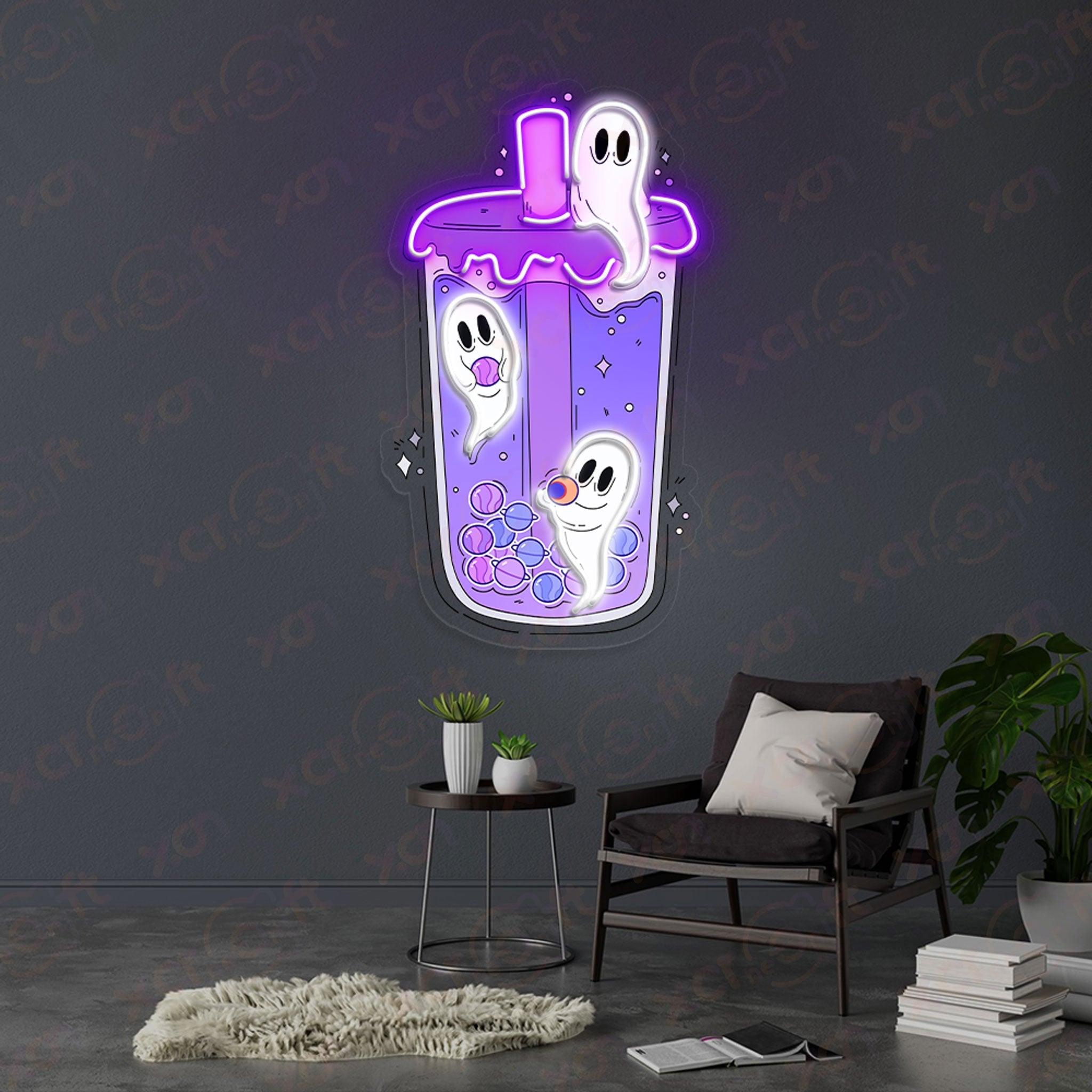 Cute ghost boba tea neon sign, purple drink.