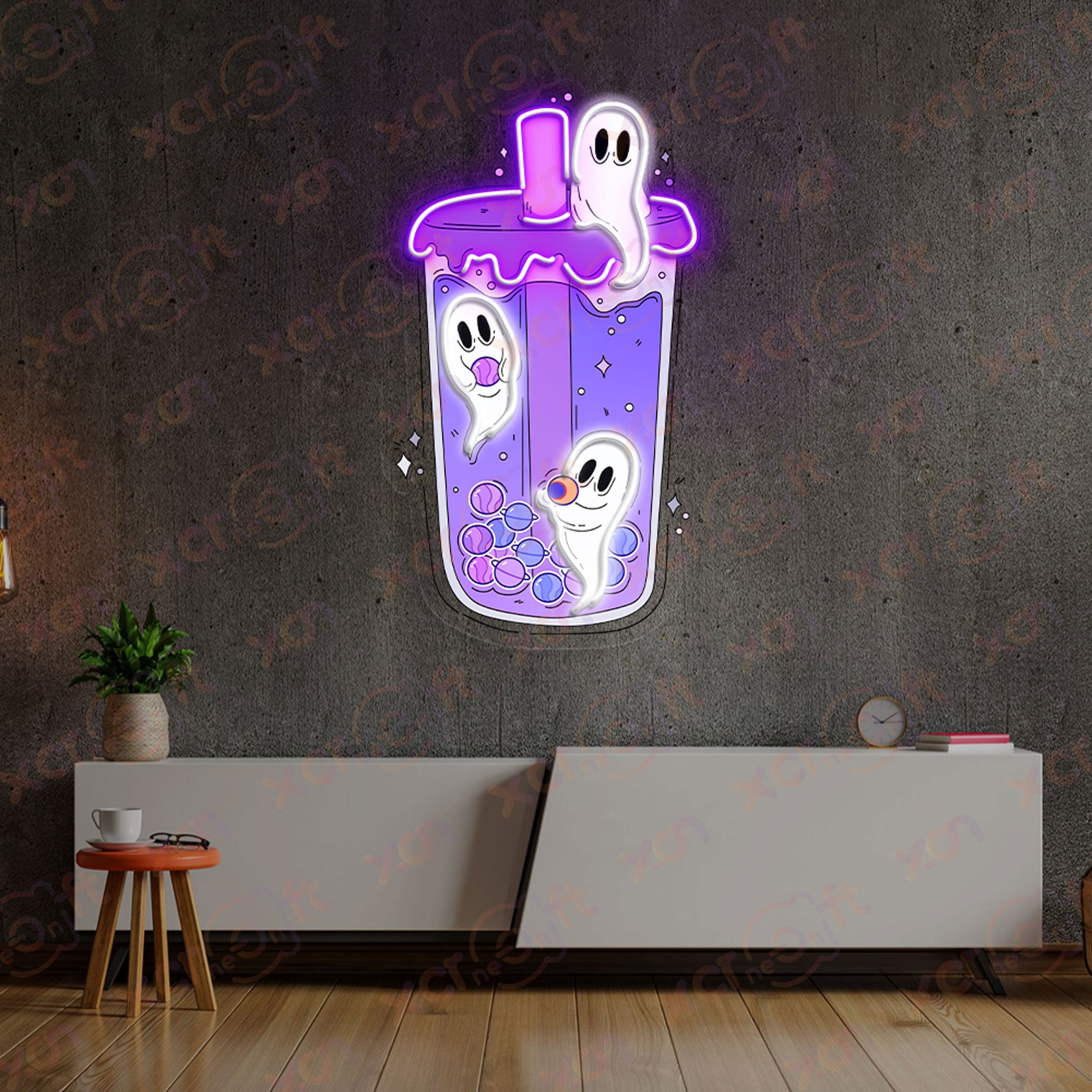 Halloween Bubble Tea Ghost LED Neon Wall Art