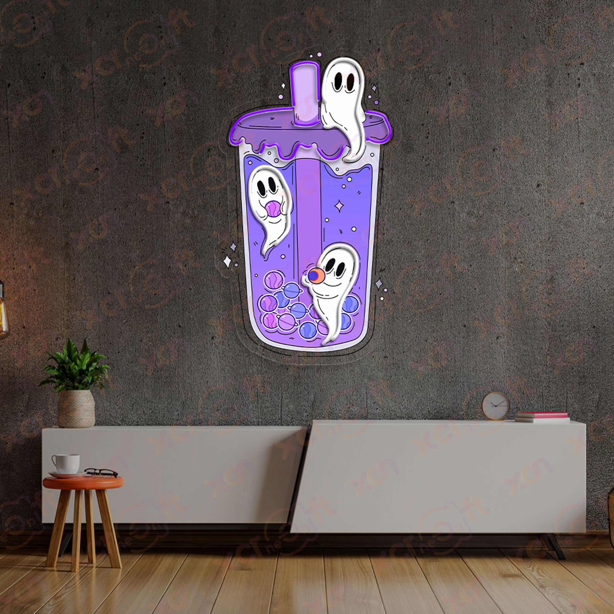 Halloween Bubble Tea Ghost LED Neon Wall Art