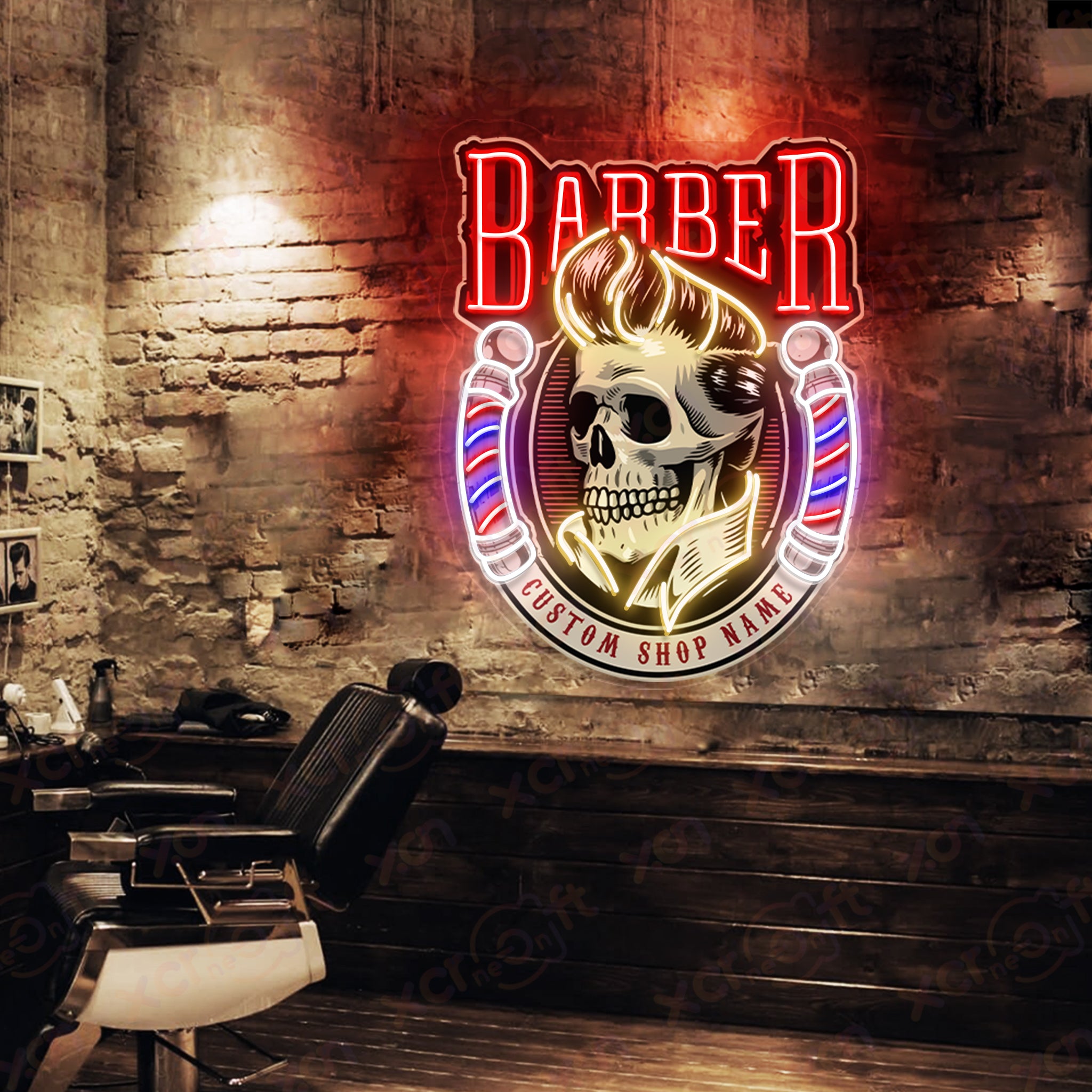 Barber Shop Skull Sign UV Neon Light