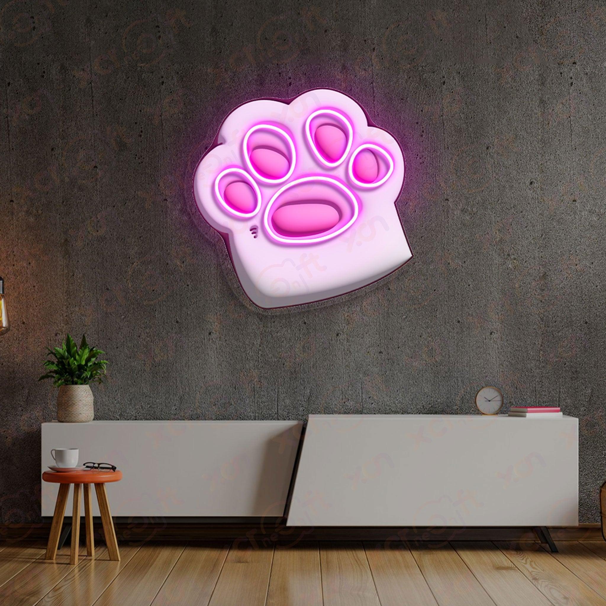 Kawaii neon light pink cat paw wall art