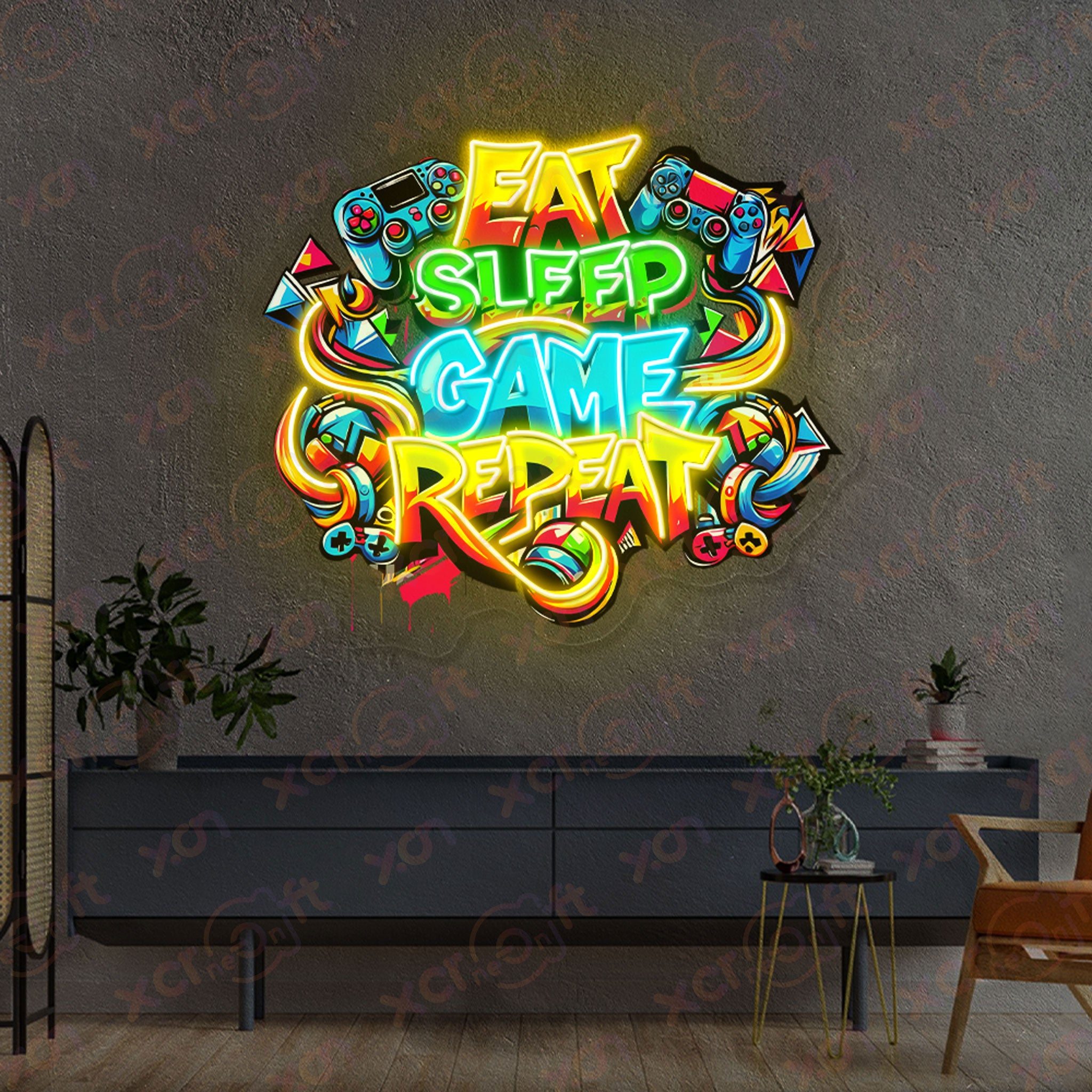 Eat Sleep Game Repeat Printed LED Neon Sign Wall Art