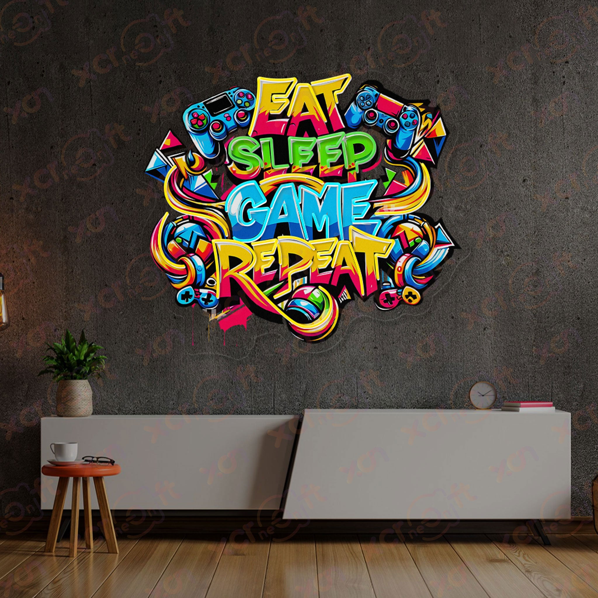 Eat Sleep Game Repeat Printed LED Neon Sign Wall Art