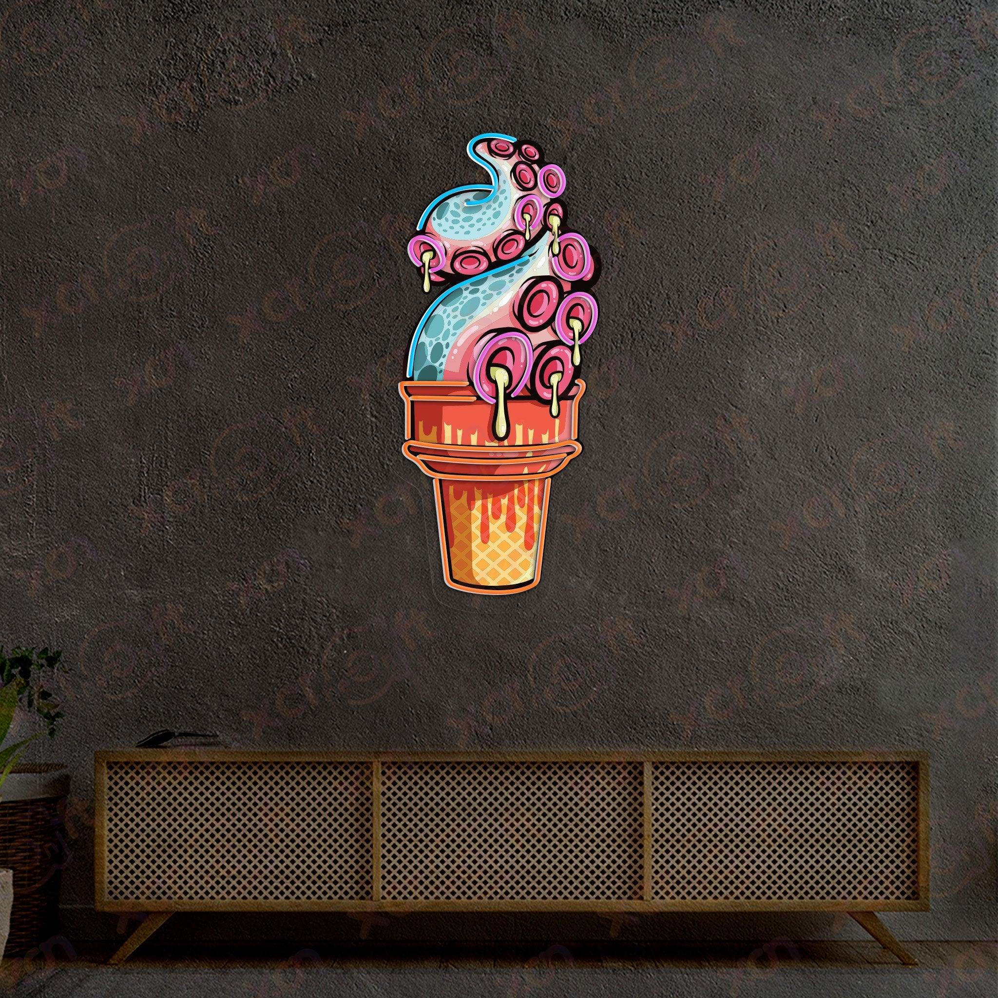 Neon wall art quirky octopus ice cream cone with dripping details.