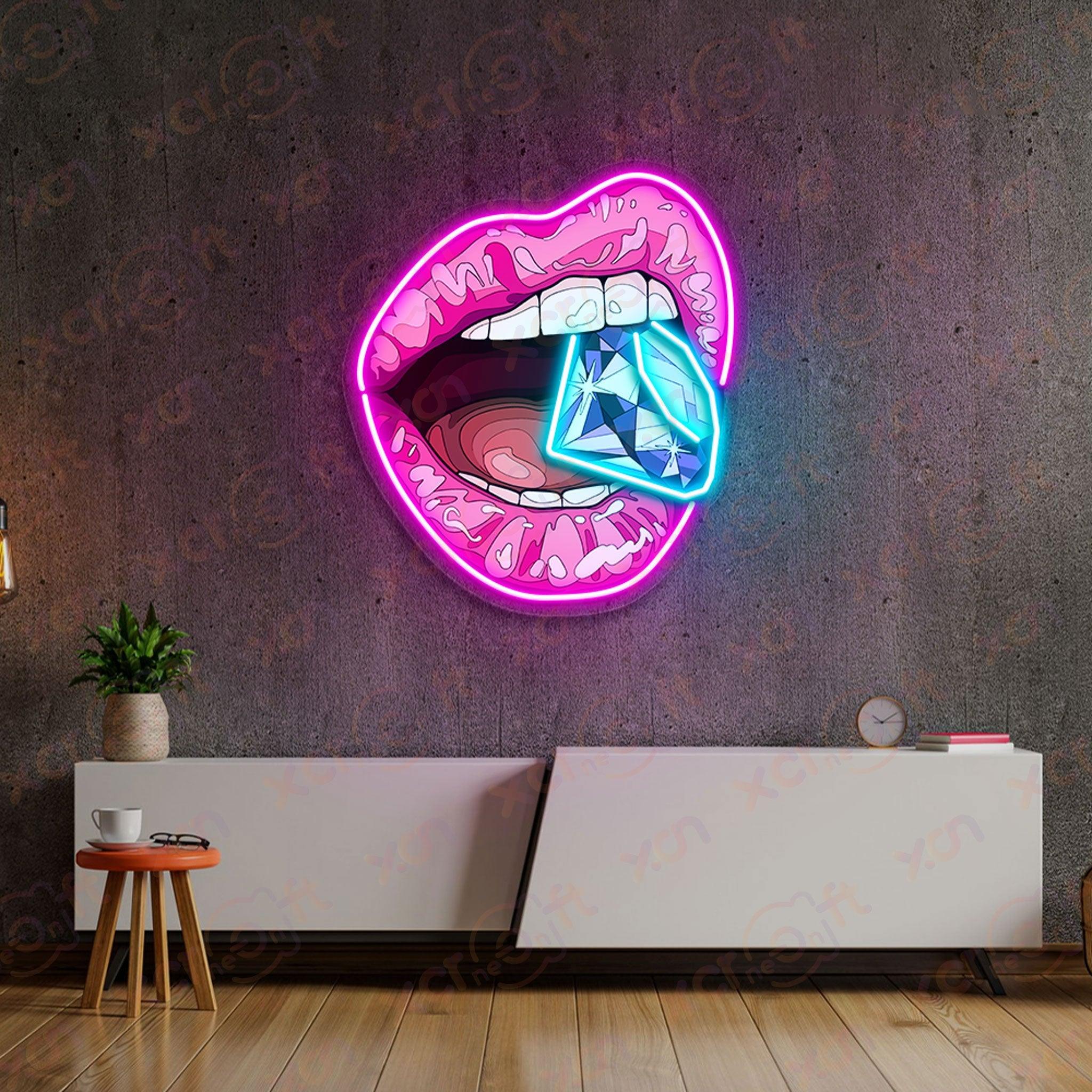 UV neon sign pink lips biting a sparkling diamond.