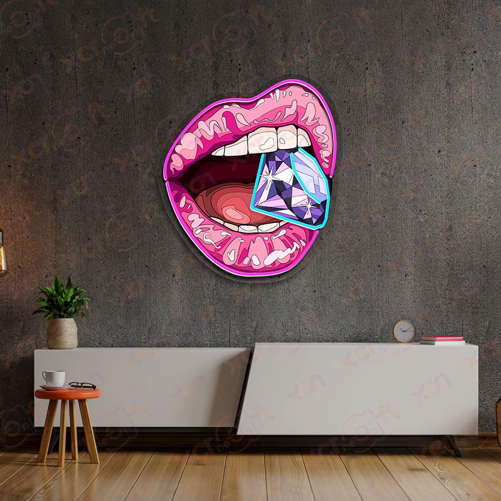 Neon wall art pink lips with diamond accent.