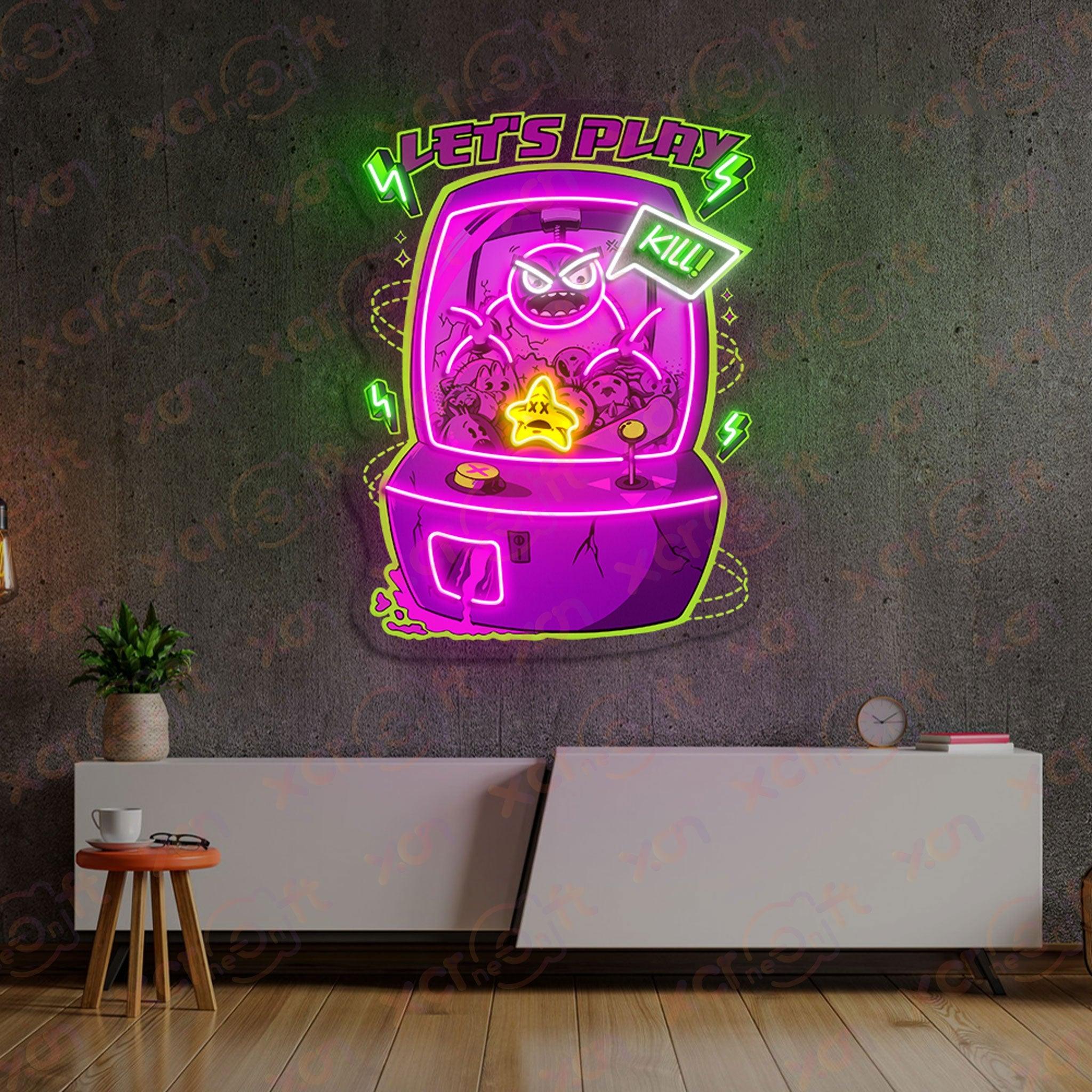 Neon light retro arcade cabinet with spooky ghost character.