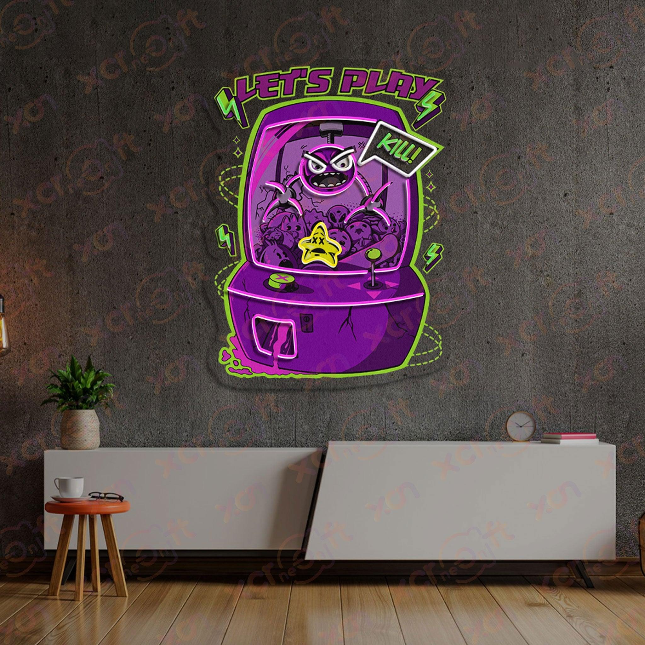 Neon wall art vintage arcade machine with monster character.