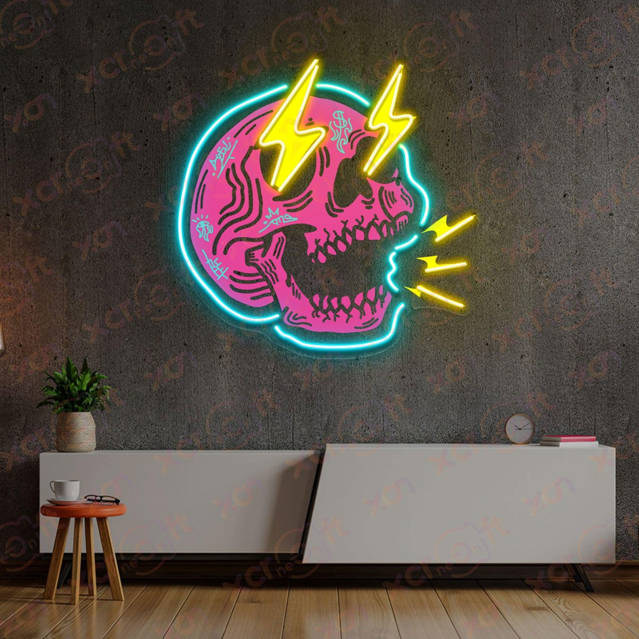 Neon light screaming skull with electric blue accents.