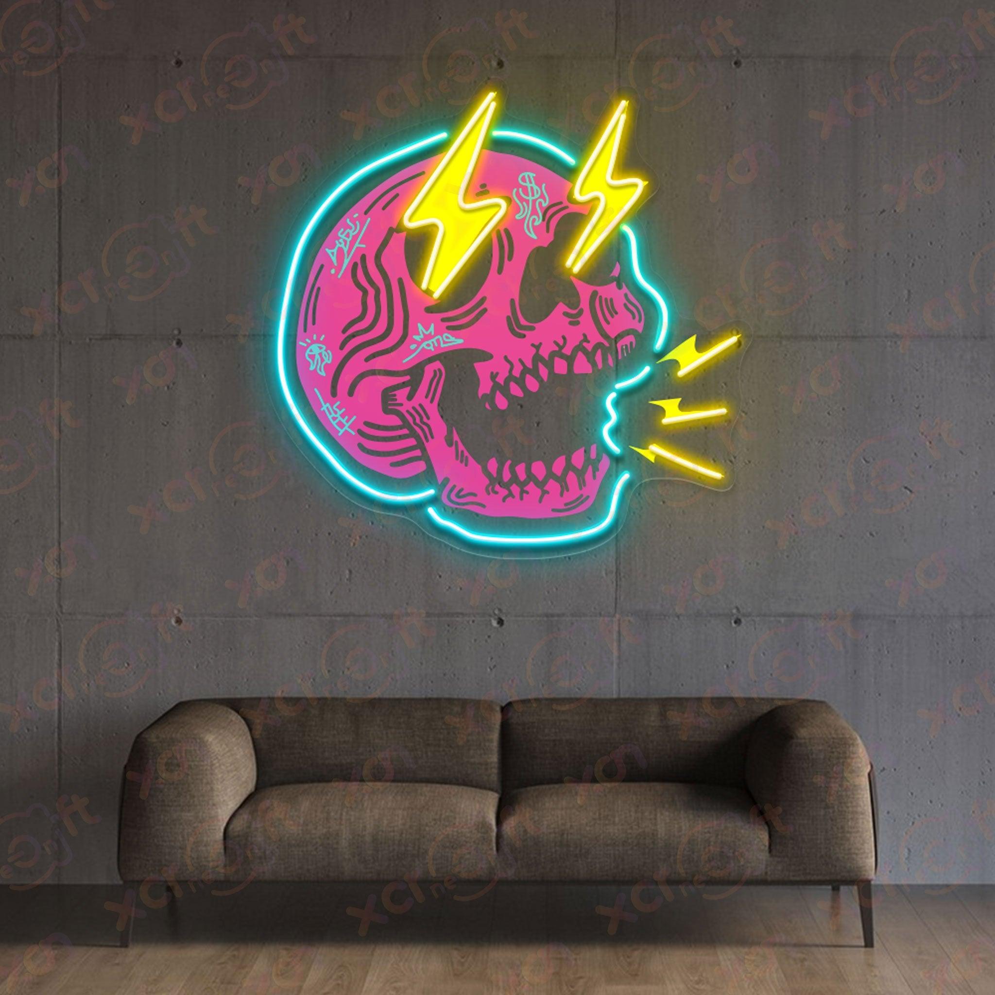 Custom neon sign spooky skull with lightning bolts and sound waves.