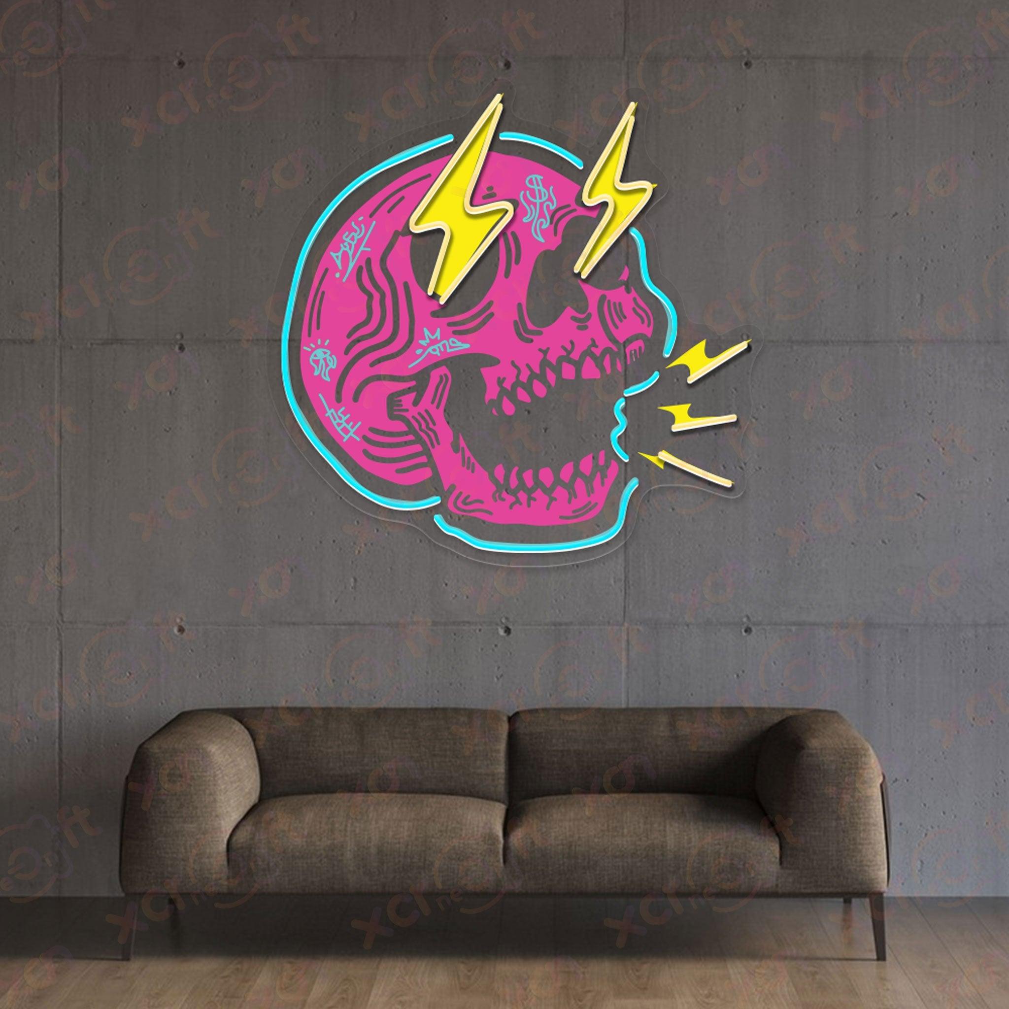 Neon wall art edgy skull with electrifying design.