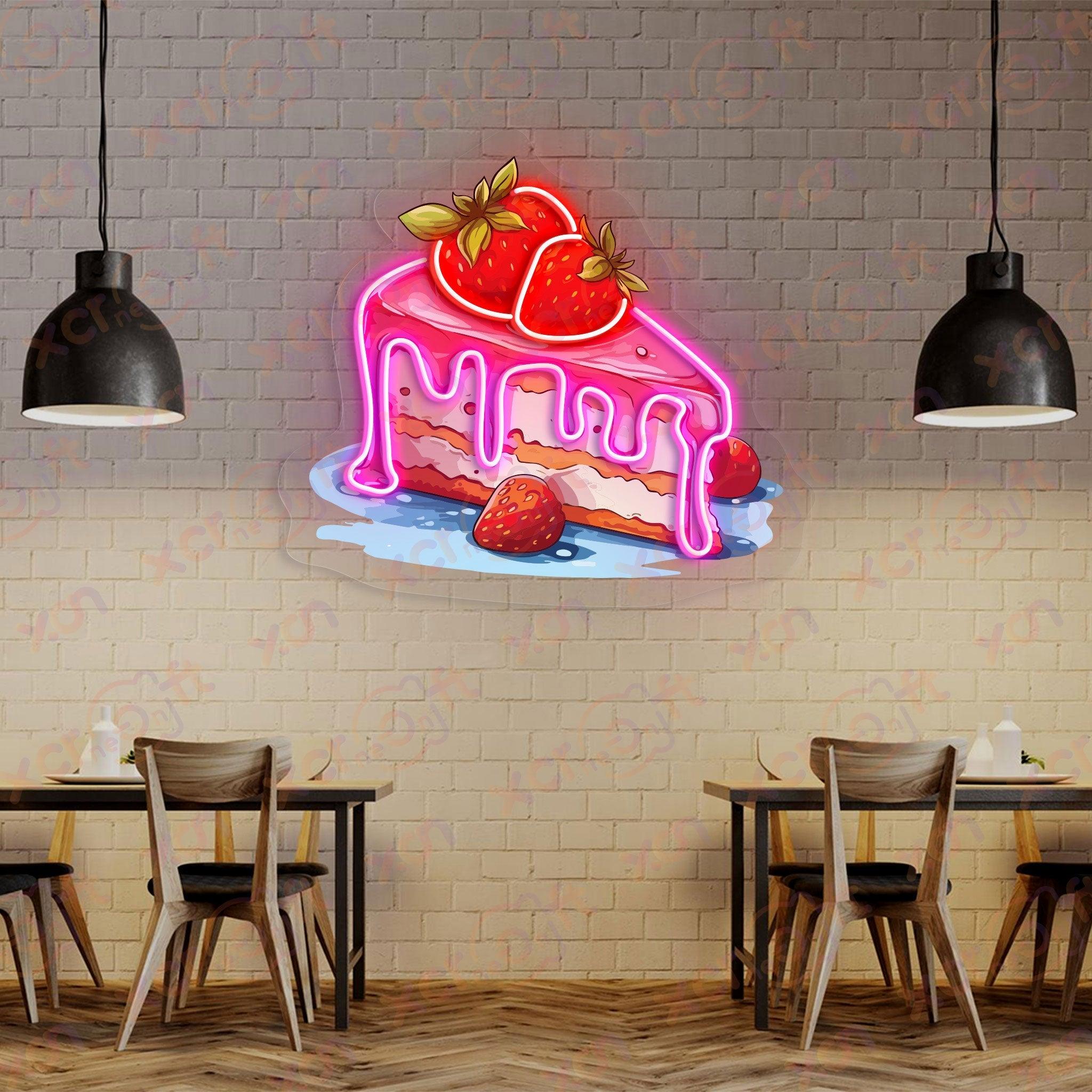 Neon sign strawberry cake dessert cafe