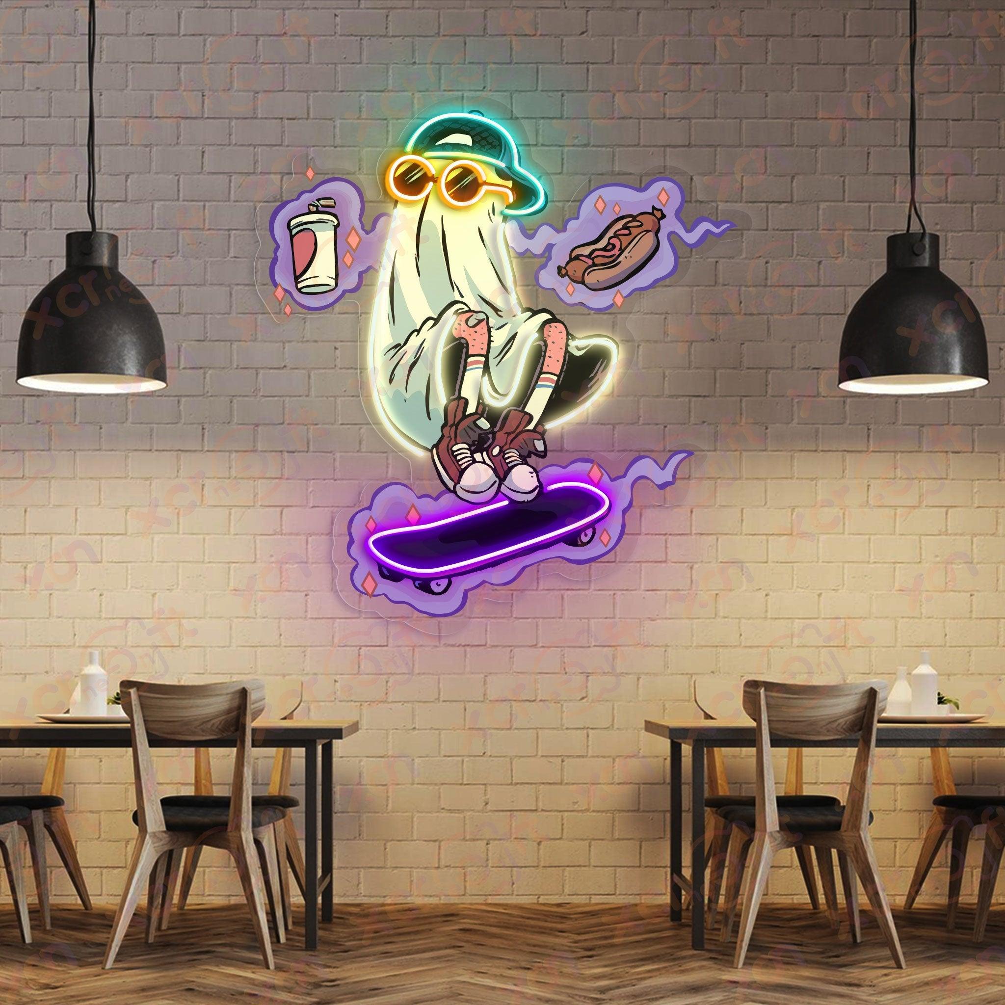 Cool ghost skateboarder neon sign