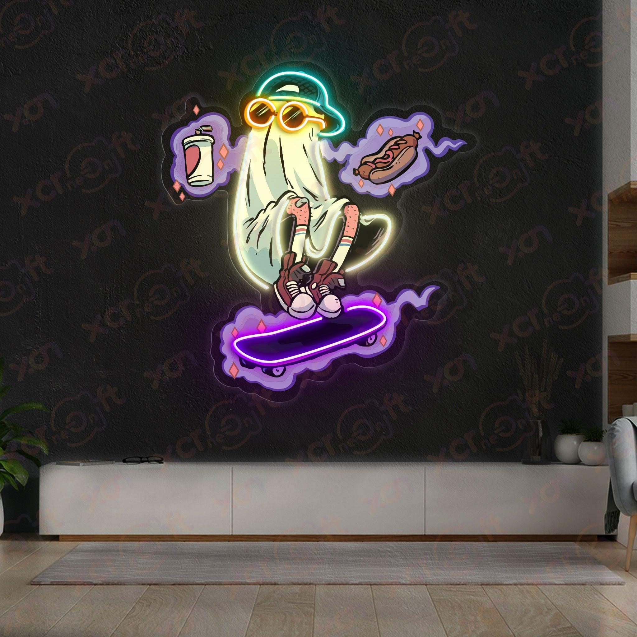 Funny neon sign ghost on skateboard