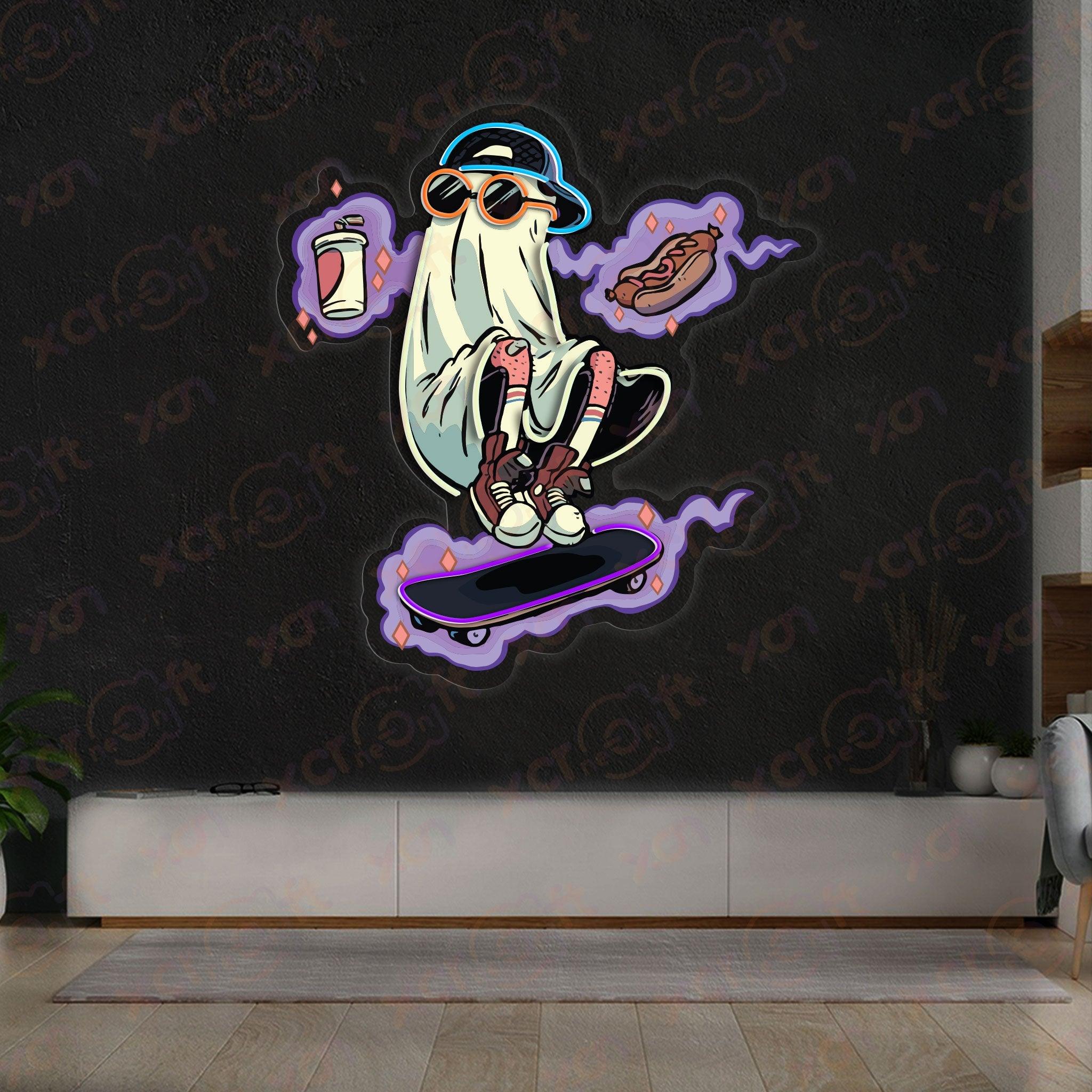 Quirky neon light ghost skateboarder