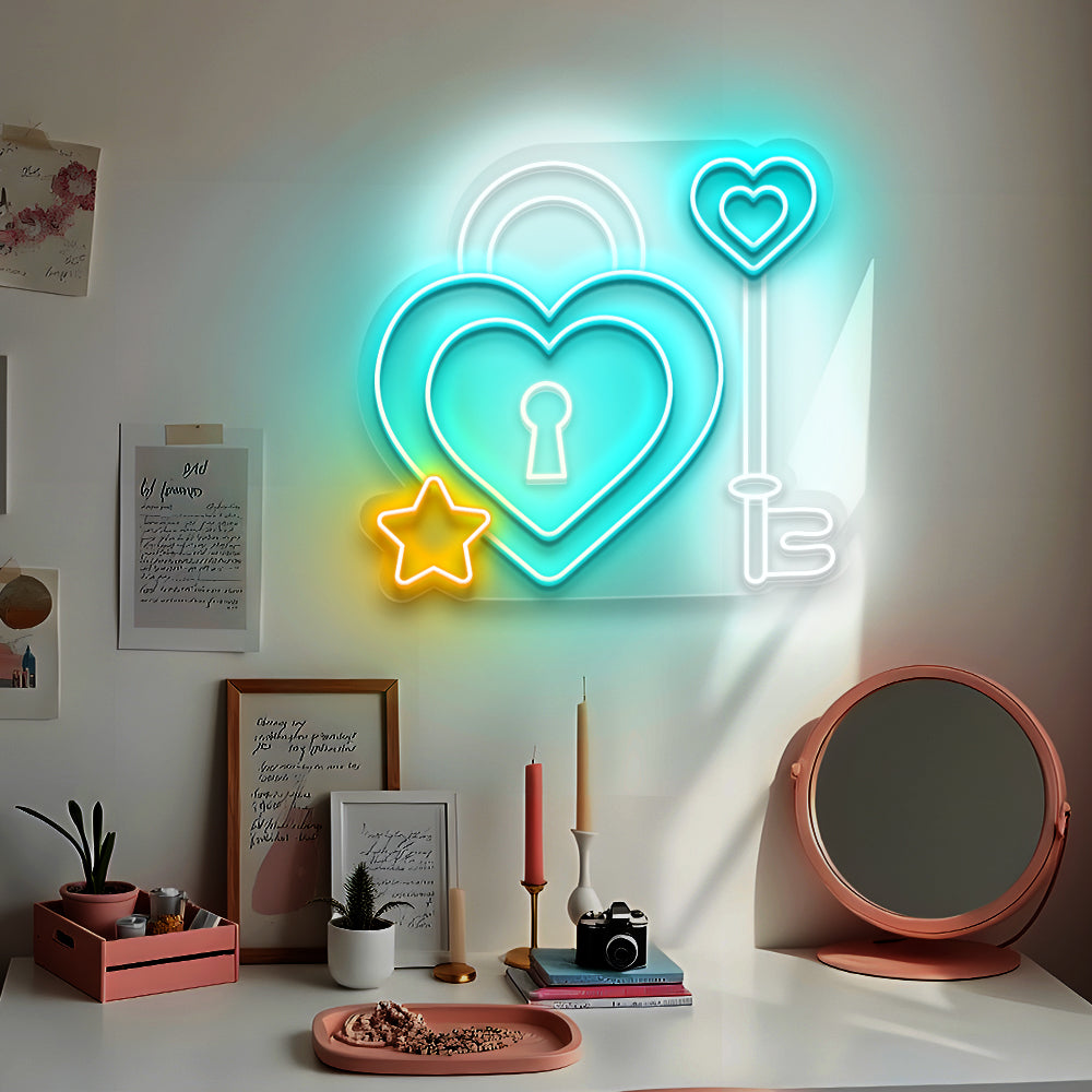 Heart Lock and Key Neon Sign