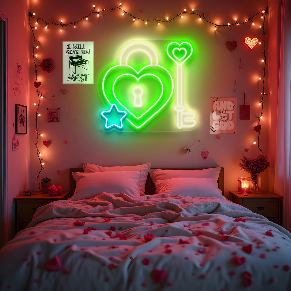 Heart Lock and Key Neon Sign