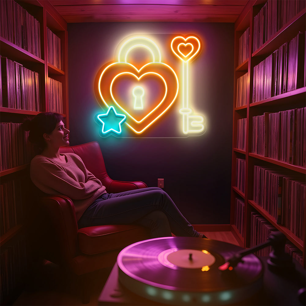 Heart Lock and Key Neon Sign