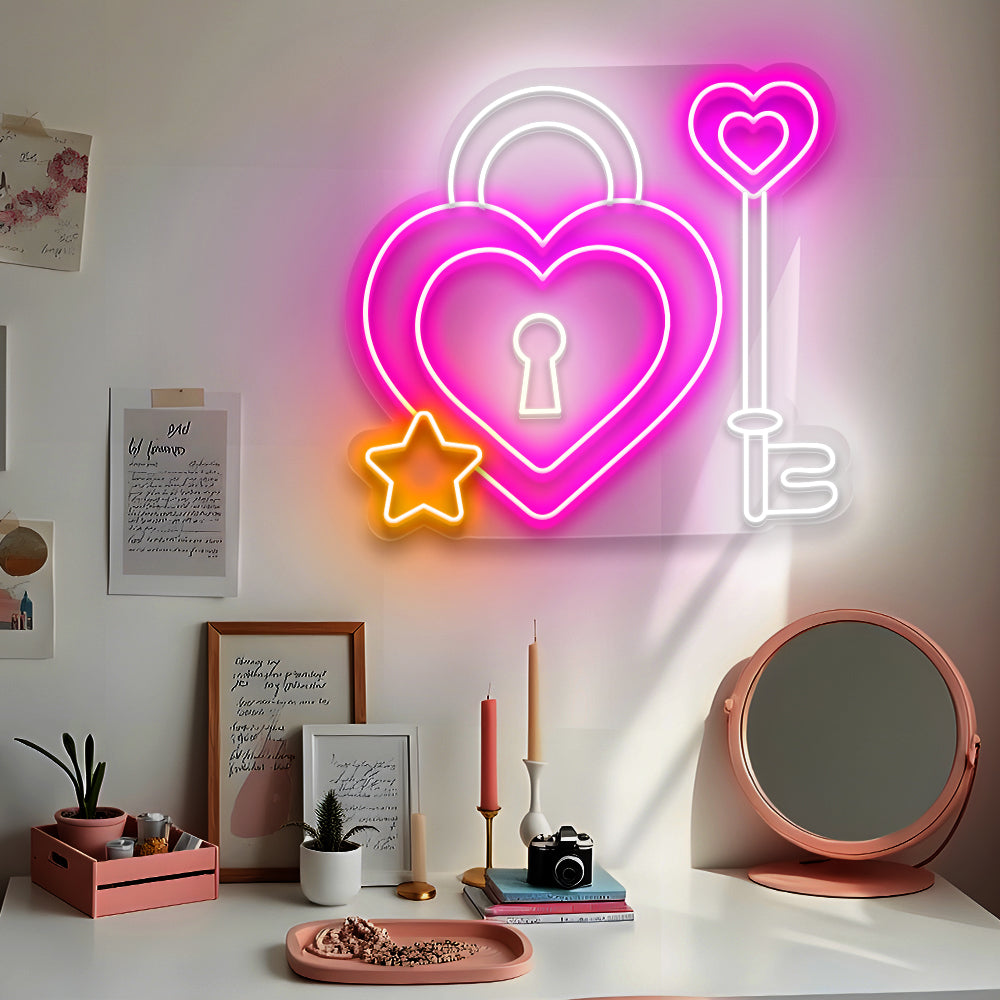 Heart Lock and Key Neon Sign