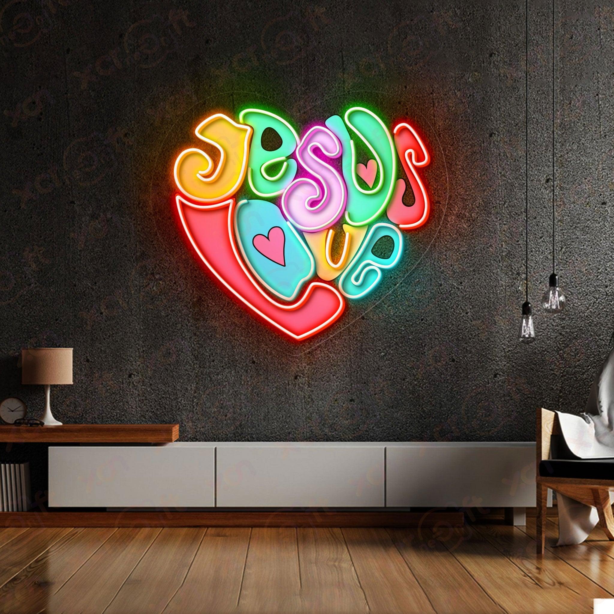 Christian neon light "Jesus Loves You" wall decor.