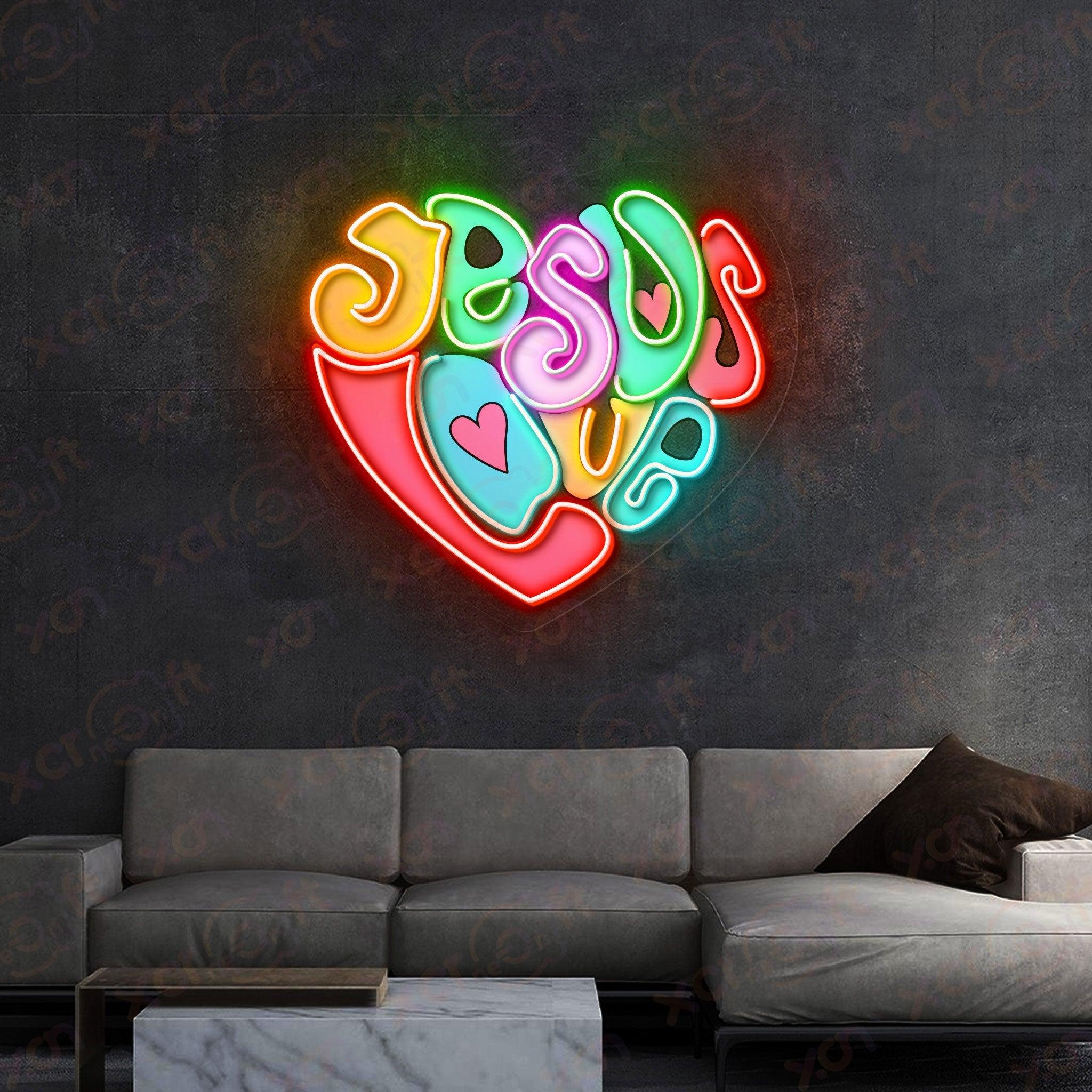 Religious neon sign "Jesus Loves You" heart design.