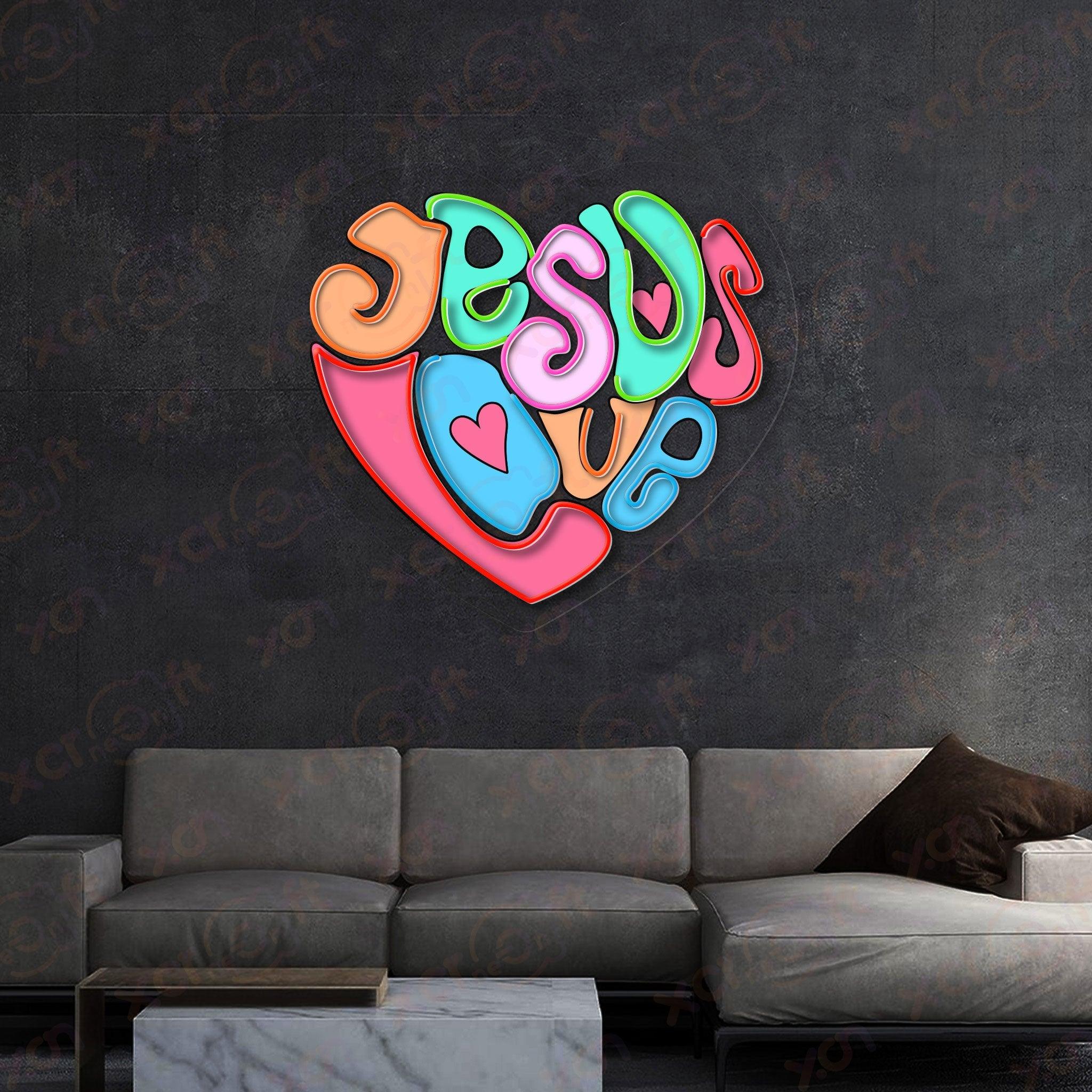 LED neon sign "Jesus Loves You" inspirational message.